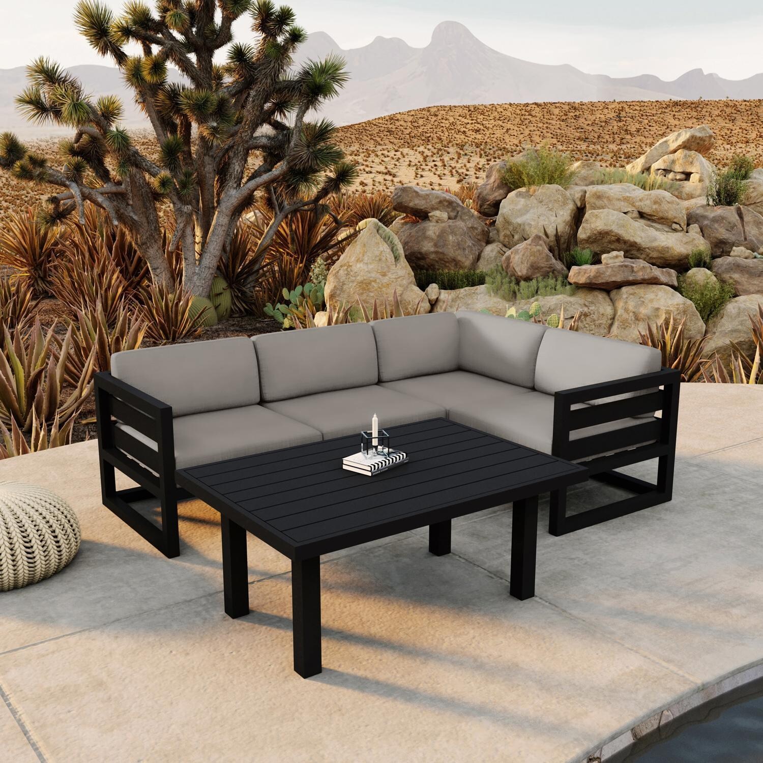 Lakeview MSTYCV-BK-SET203-CC Misty Cove 5 Pc Aluminum Sectional Set in Black w/Chat Table & Canvas Charcoal Cushions by Lakeview Outdoor Designs - By the Pool - Lifestyle thumbnail