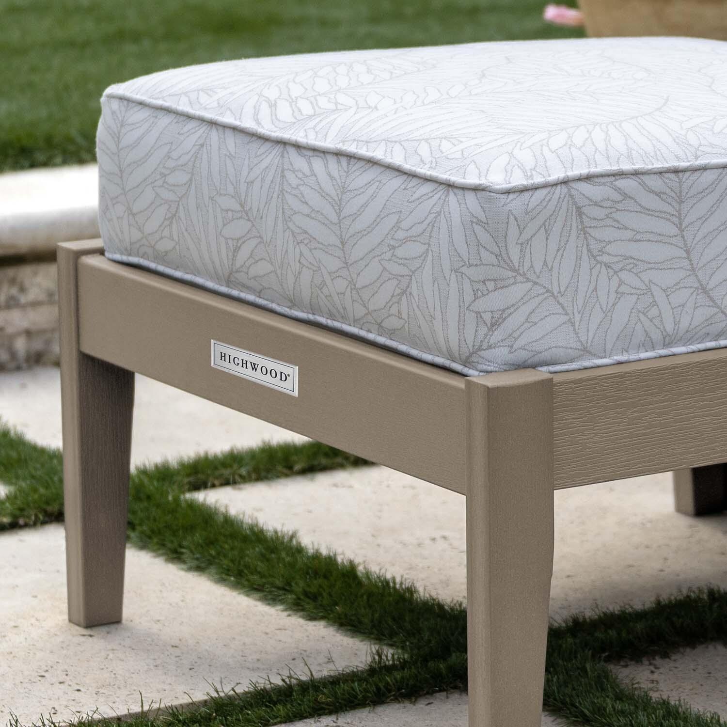 Blushing Bay Recycled Plastic Ottoman in Lively Parchment/Woodland Brown by Lakeview Outdoor Designs - Close Up - Lifestyle thumbnail