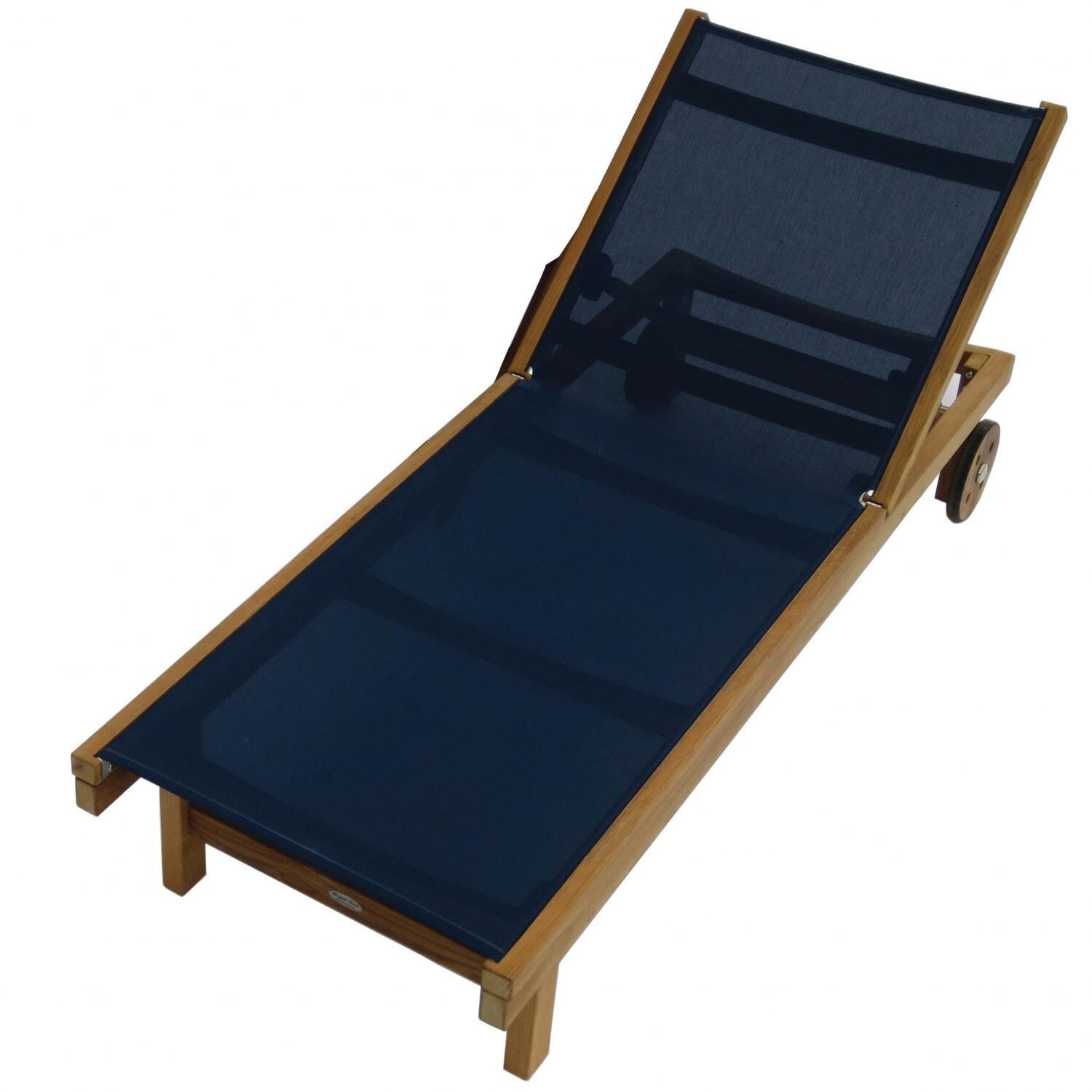 Royal Teak Collection Sundaze Teak Patio Chaise Lounge W/ Navy Sling - Top - White Background thumbnail