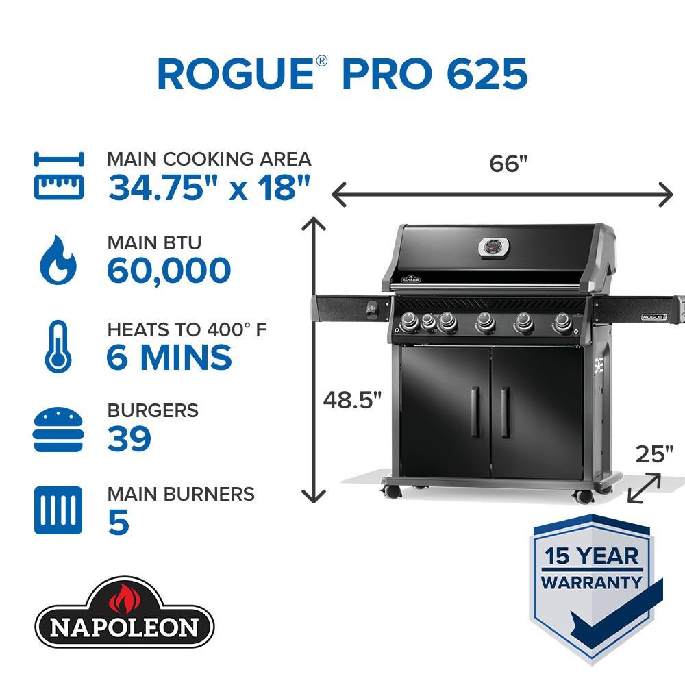 Napoleon RP625SIBNK-2 Rogue PRO 625 5-Burner Natural Gas Grill w/ Infrared Side Burner - Black - RP625SIBNK-2 - Dimensions - Dimensional thumbnail