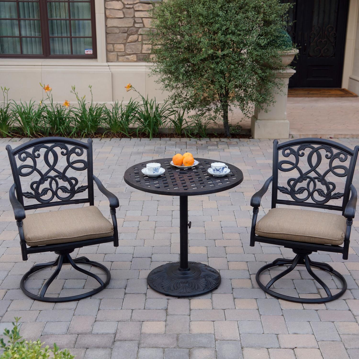 Darlee Santa Monica 3 Piece Cast Aluminum Patio Bistro Set W/ 30 Inch Round Table & Sesame Cushions image