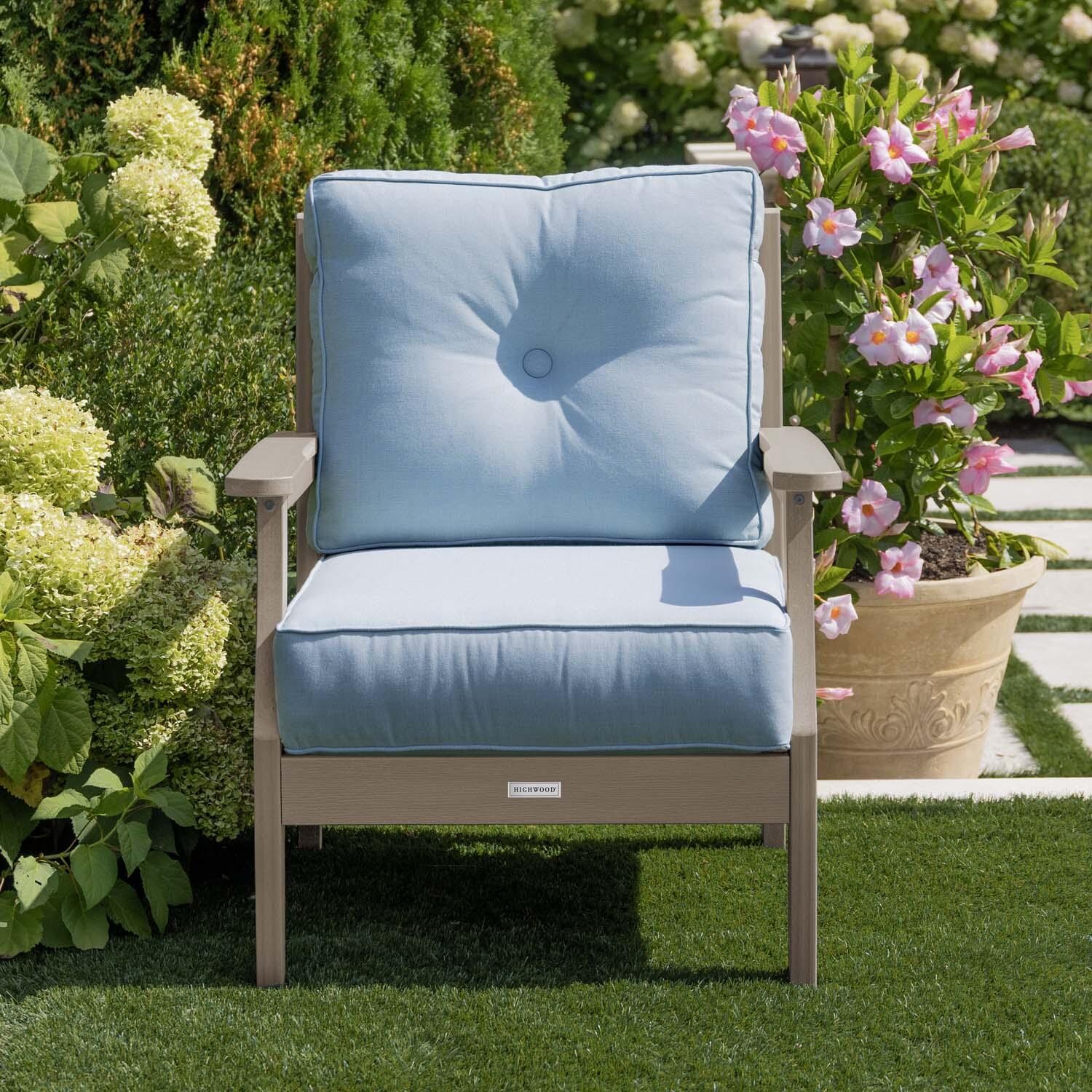 Blushing Bay Recycled Plastic Club Chair in Bliss Dew/Woodland Brown by Lakeview Outdoor Designs - Lifestyle thumbnail