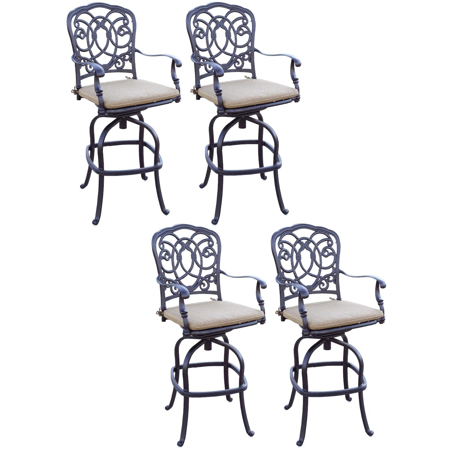 Darlee Florence 4 Piece Cast Aluminum Patio Swivel Bar Stool Set W/ Sesame Cushions image
