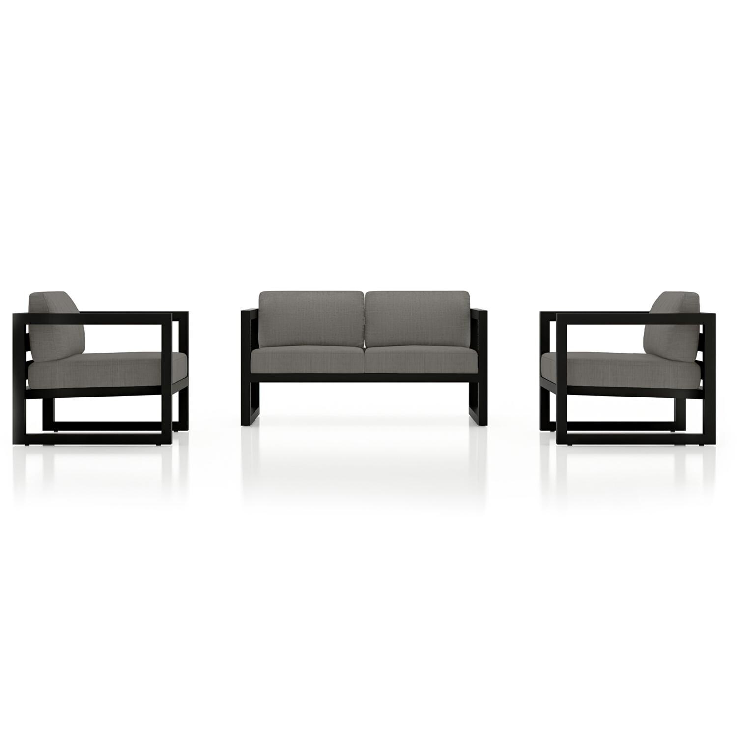 Lakeview MSTYCV-BK-3LSS-CC Misty Cove 3 Pc Aluminum Seating Set in Black w/Loveseat & Canvas Charcoal Cushions by Lakeview Outdoor Designs - Set Front View - White Background thumbnail