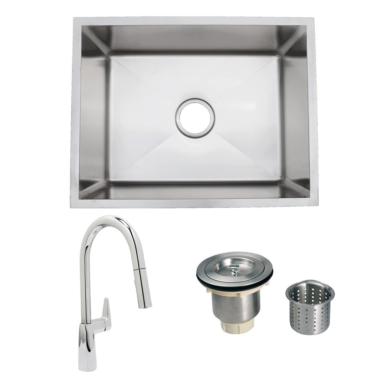 Huntington Brass R-ZS-2718 + HBK1983201-YU + LI-XD Urban Place Radial 27 X 18 Stainless Steel Outdoor Sink with Huntington Brass Dual Spray 15.75 Inch High Pull Down Faucet Pull Down Faucet and Strainer Basket - Bundle - White Background thumbnail