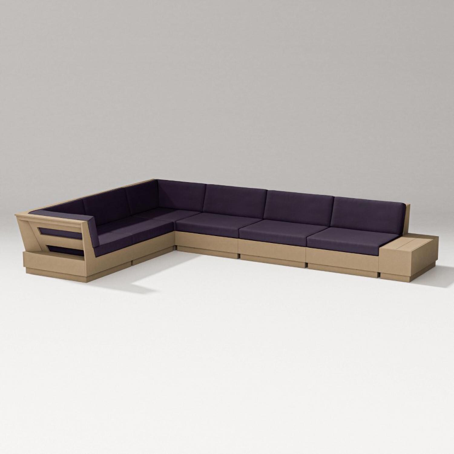 Elevate 7 Pc Recycled Plastic Sectional Seating Set in Vintage Sahara/Navy Linen By PW Designer Series