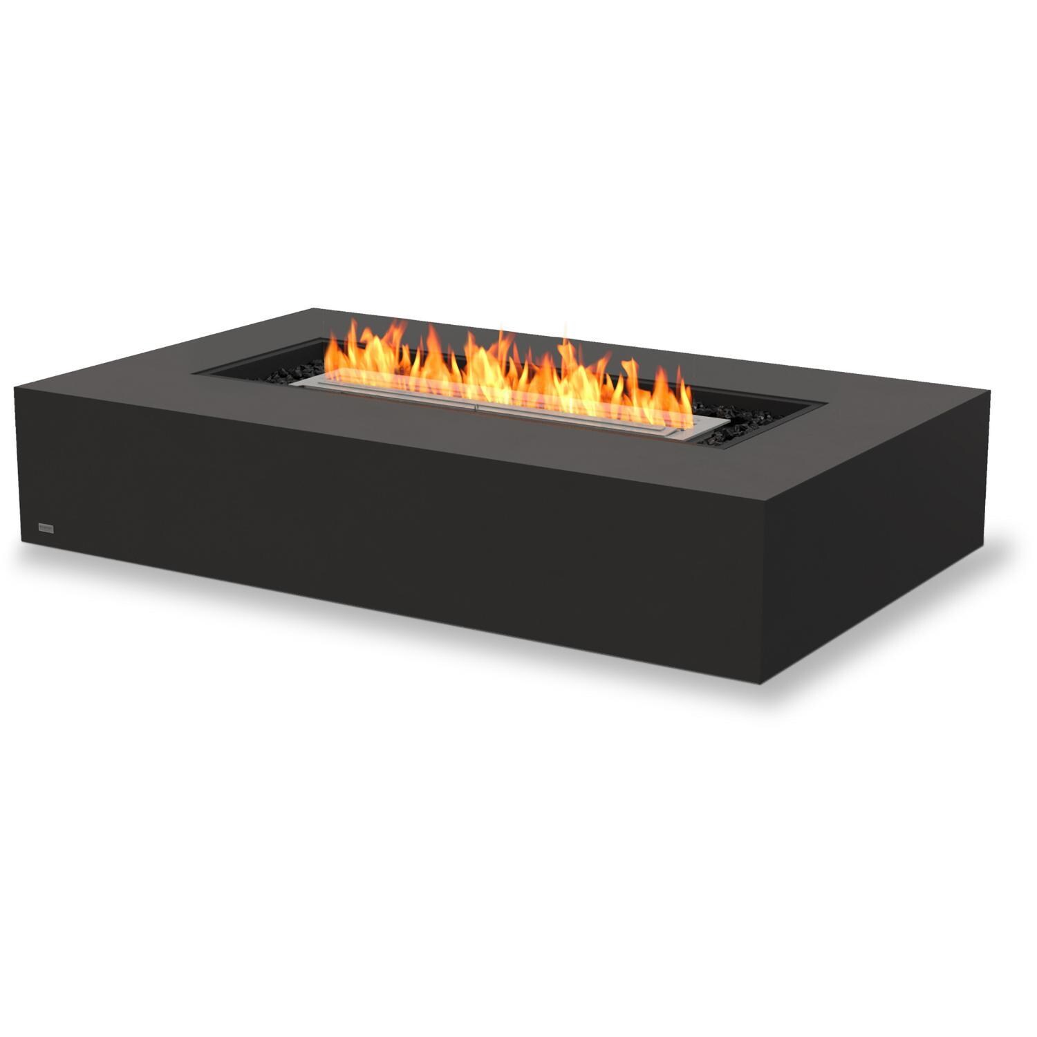 EcoSmart Fire ESF.O.WHF.65.GH.G Wharf 65 Inch Stainless Steel Burner Rectangle Concrete Gas Pit Table in Graphite - Angled with Fire Rocks - White Background thumbnail