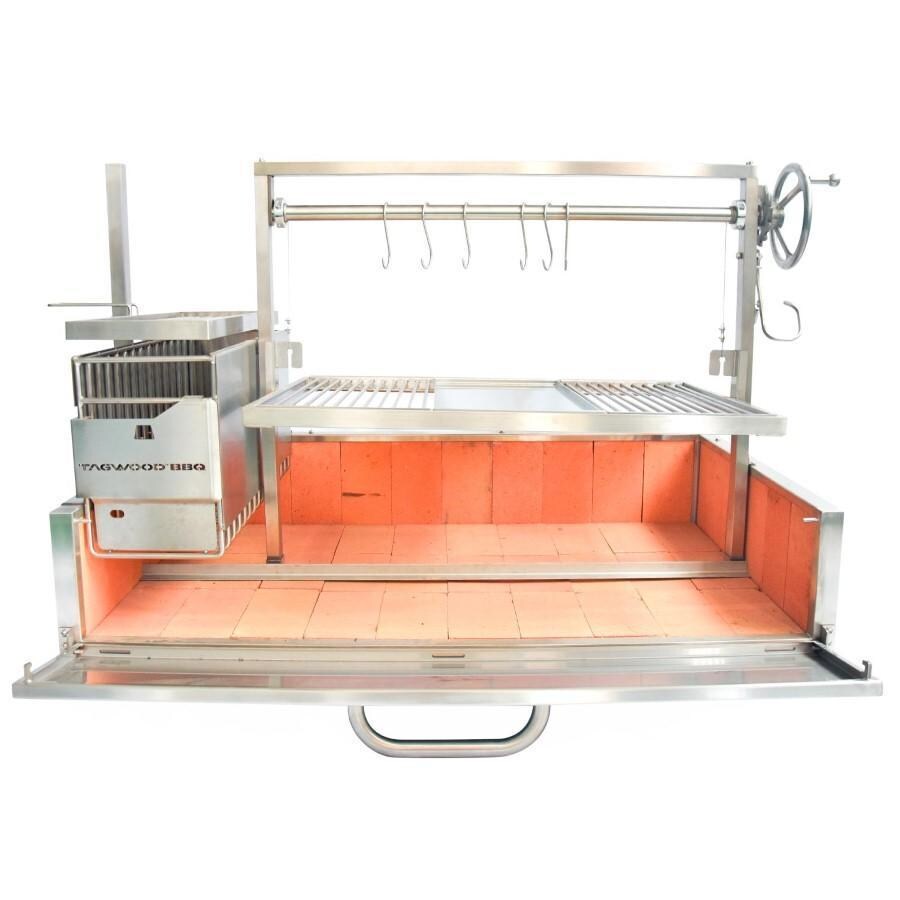 Tagwood BBQ BBQ25SS XL Built-In Argentine Santa Maria Wood Fire & Charcoal Grill - Door Open - White Background thumbnail