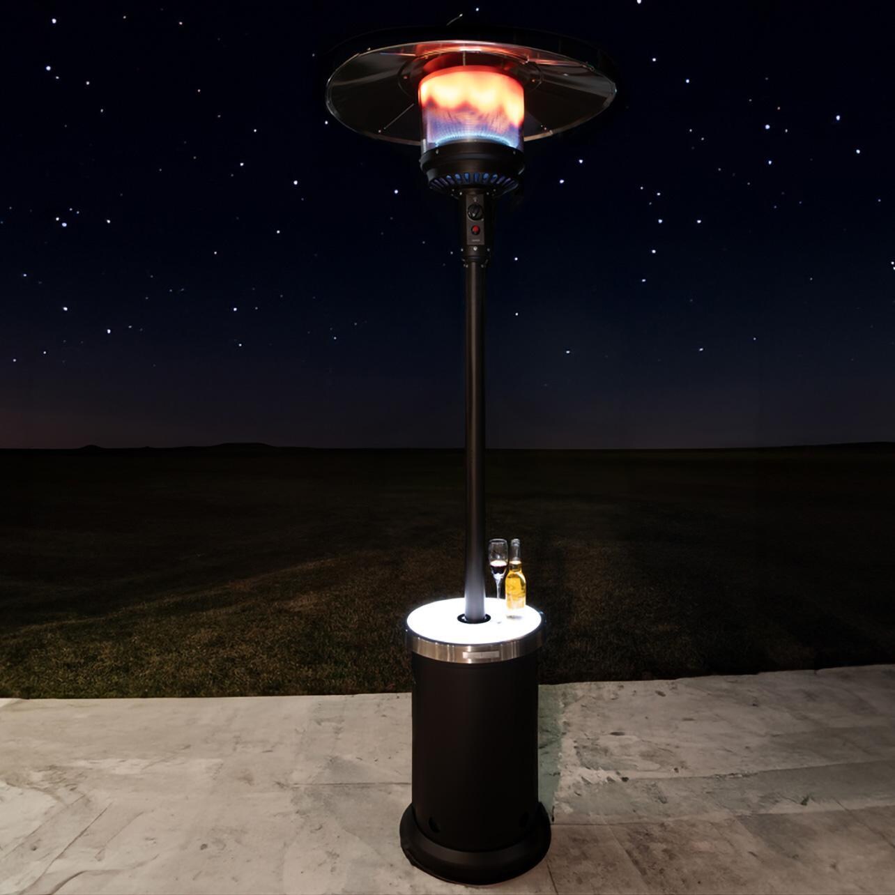 Ultimate Patio SC65263 48,000 BTU Propane Outdoor Patio Heater w/ LED Lighted Table - Mocha - Light On - Lifestyle thumbnail