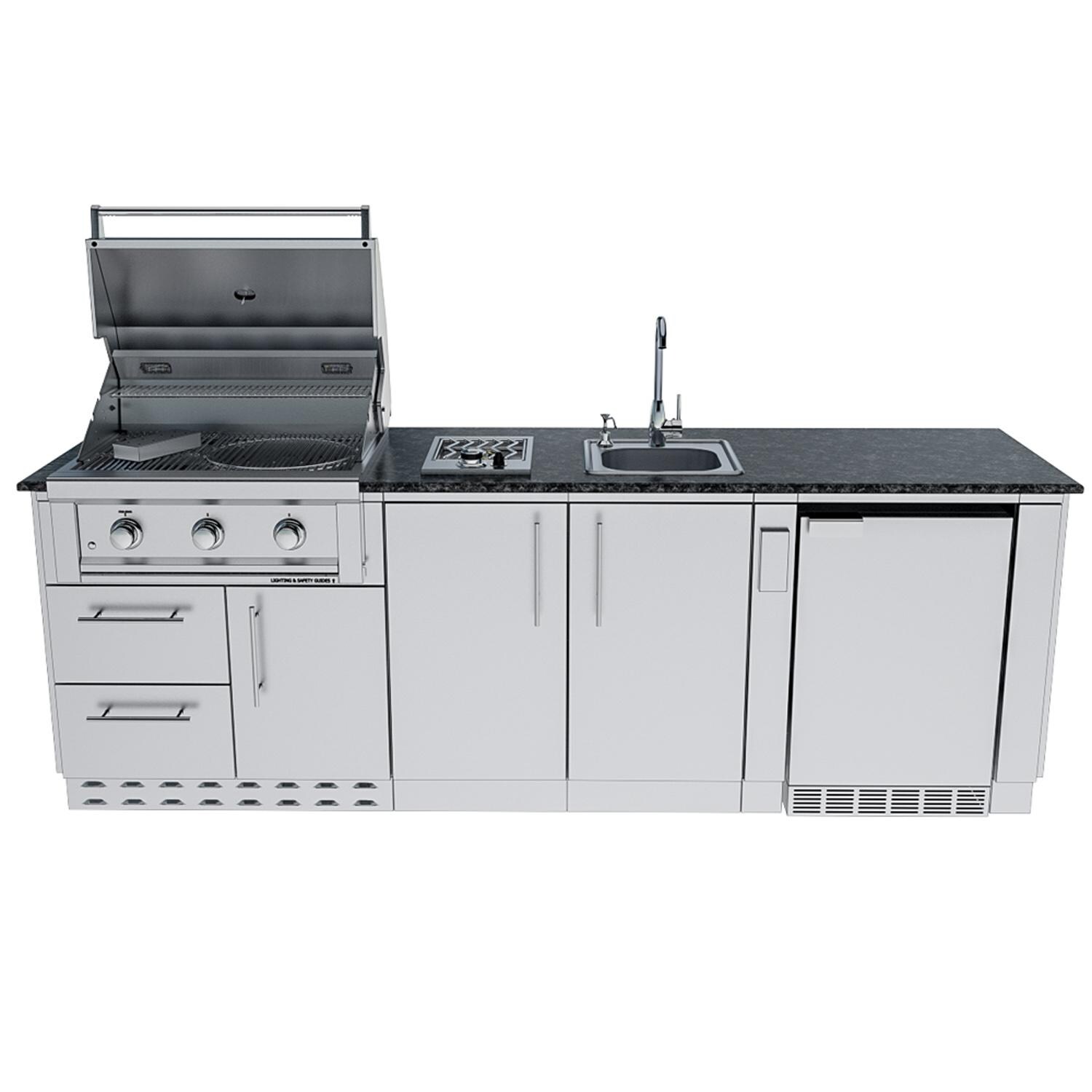 Sunstone Grills SCPBAYOU8.6-LP Bayou 8 1/2 Ft Outdoor Kitchen Island w/ Propane Grill & Side Burner, Sink, Refrigerator, Door & Drawer - Grill Open - White Background thumbnail