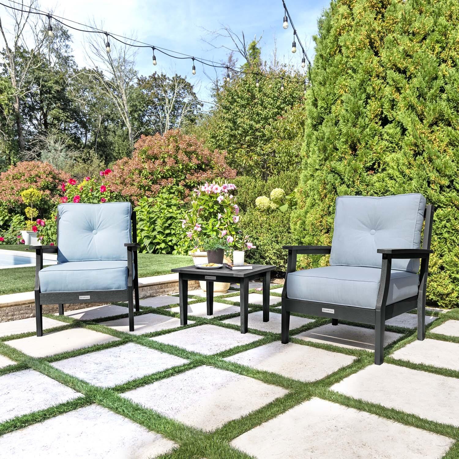 Blushing Bay 3 Pc Recycled Plastic Seating Set in Bliss Dew/Black by Lakeview Outdoor Designs - Angled Right - Lifestyle thumbnail