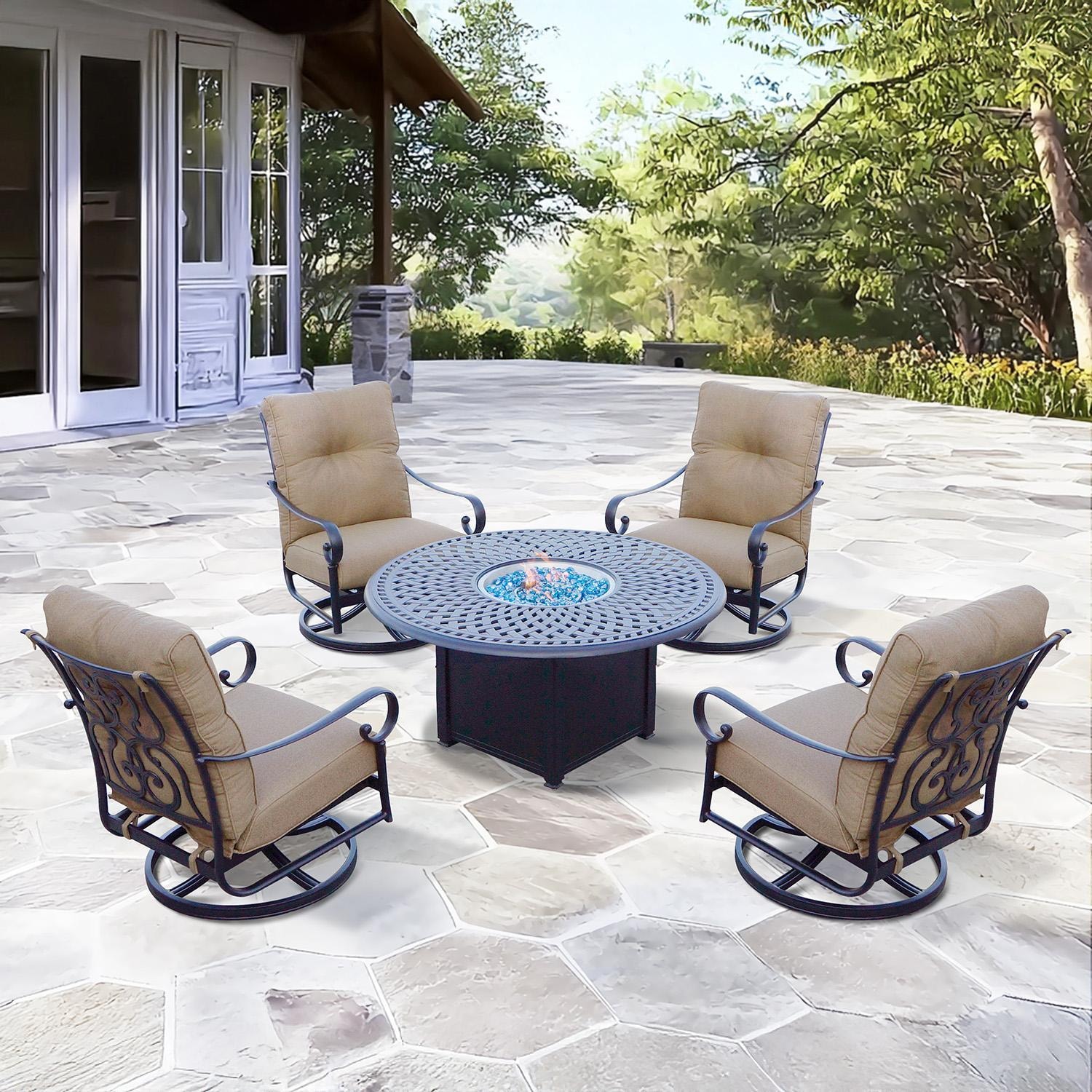 Santa Anita 5 Pc Cast Aluminum Fire Pit Seating Set w/ 52-in Signature Table & Swivel Rockers in Antique Bronze/Heather Beige Sunbrella by Darlee