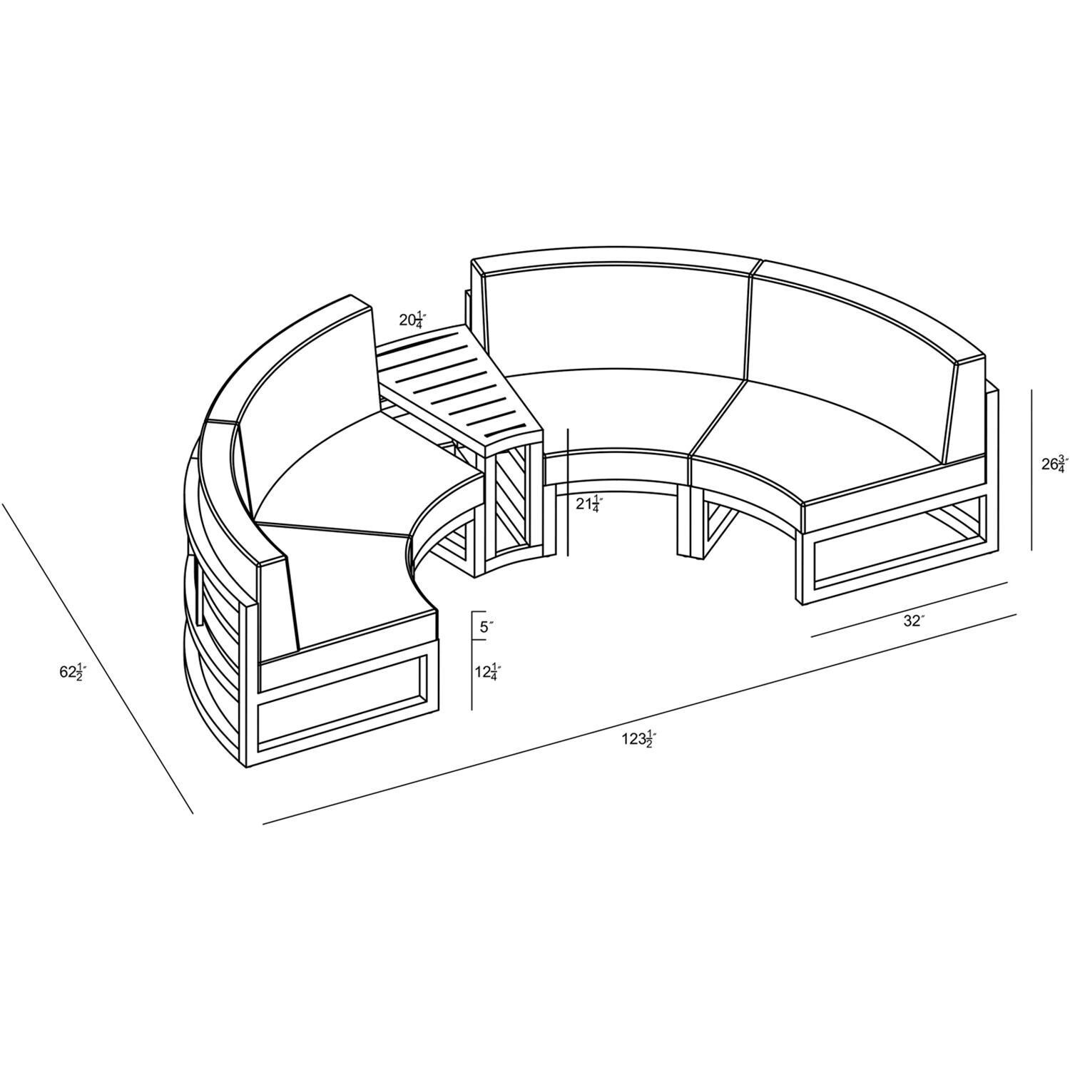 Lakeview MSTYCV-BK-3CSEC-IN Misty Cove 3 Pc Aluminum Curve Sectional Set in Black w/Wedge End Table & Spectrum Indigo Cushions by Lakeview Outdoor Designs - Line Drawing - Dimensional thumbnail