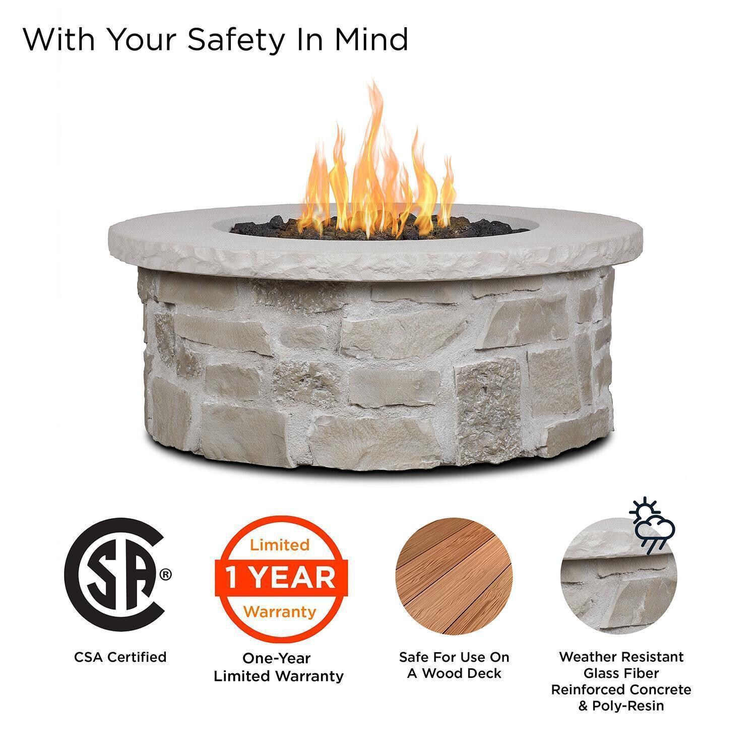 Heritage 40 Inch Round Stone Propane Fire Pit Table in Beige by Lakeview - Precautions Callout - Detail thumbnail