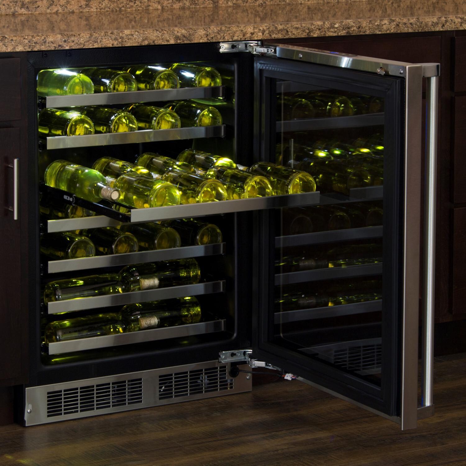 Marvel Professional 48 Bottle Right Hinge Single Zone Wine Cellar - Stainless Steel - Open Door With Slide Out Rack And White LED Light thumbnail