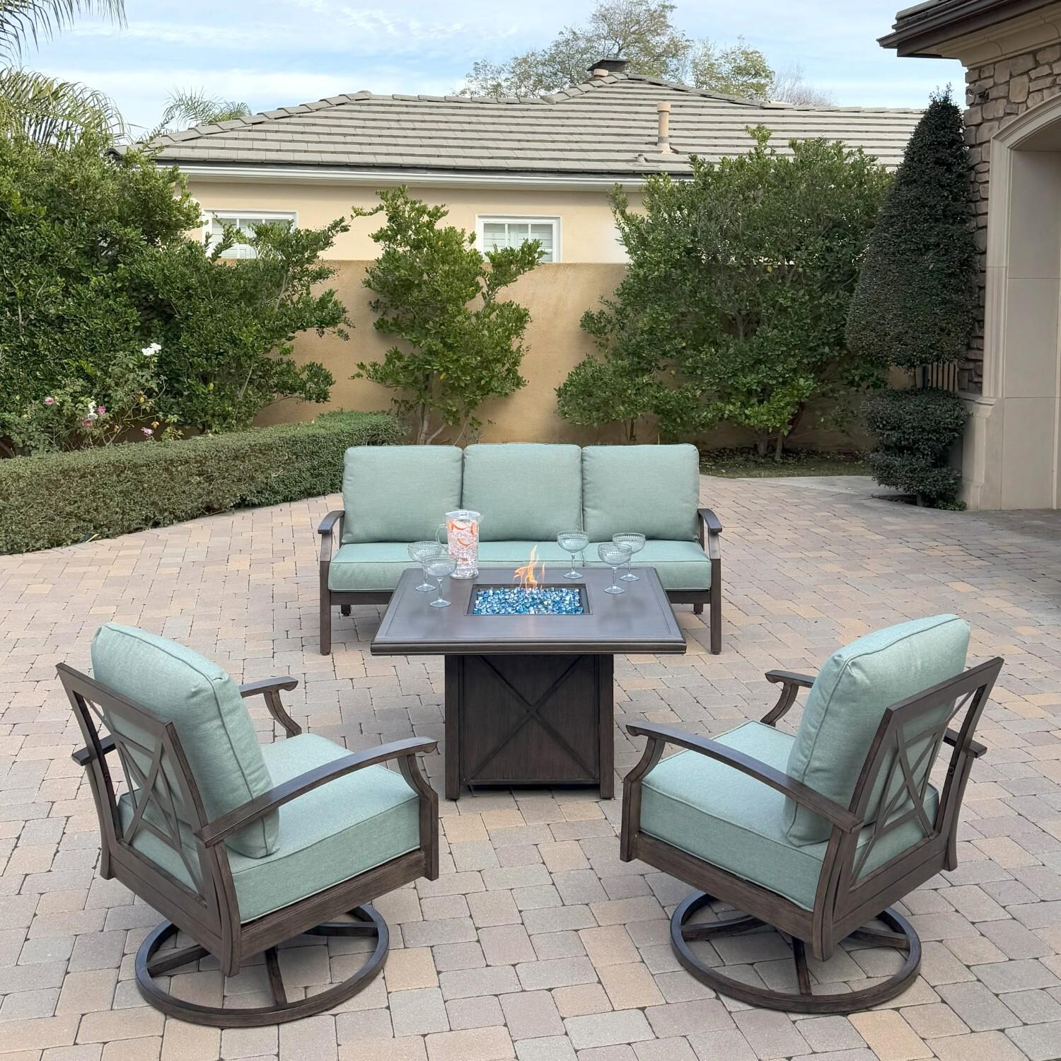 Atlantis 4 Pc Aluminum Fire Pit Seating Set w/ 2 Swivel Rocker Club Chairs & Sofa in Walnut/Spa by Darlee - Hero - Lifestyle thumbnail