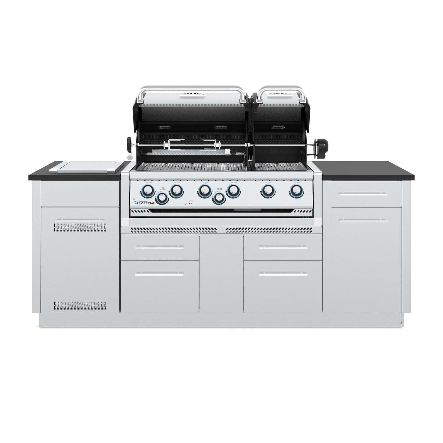 Broil King 897847 Imperial S 690i 6-Burner Natural Gas Grill Center With Rotisserie & Side Burner - Stainless Steel - Lid Open - White Background thumbnail