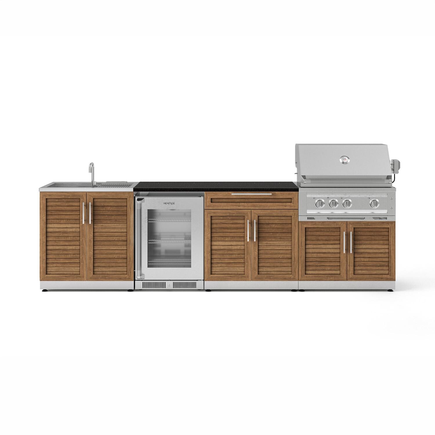 NewAge Products 72039 Classic Series 10 Ft Outdoor Kitchen Island w/ 33-in Natural Gas Grill, Sink, Glass Door Refrigerator, Trash Bin, Door & Drawer in Grove/Nano Black - Island - White Background thumbnail