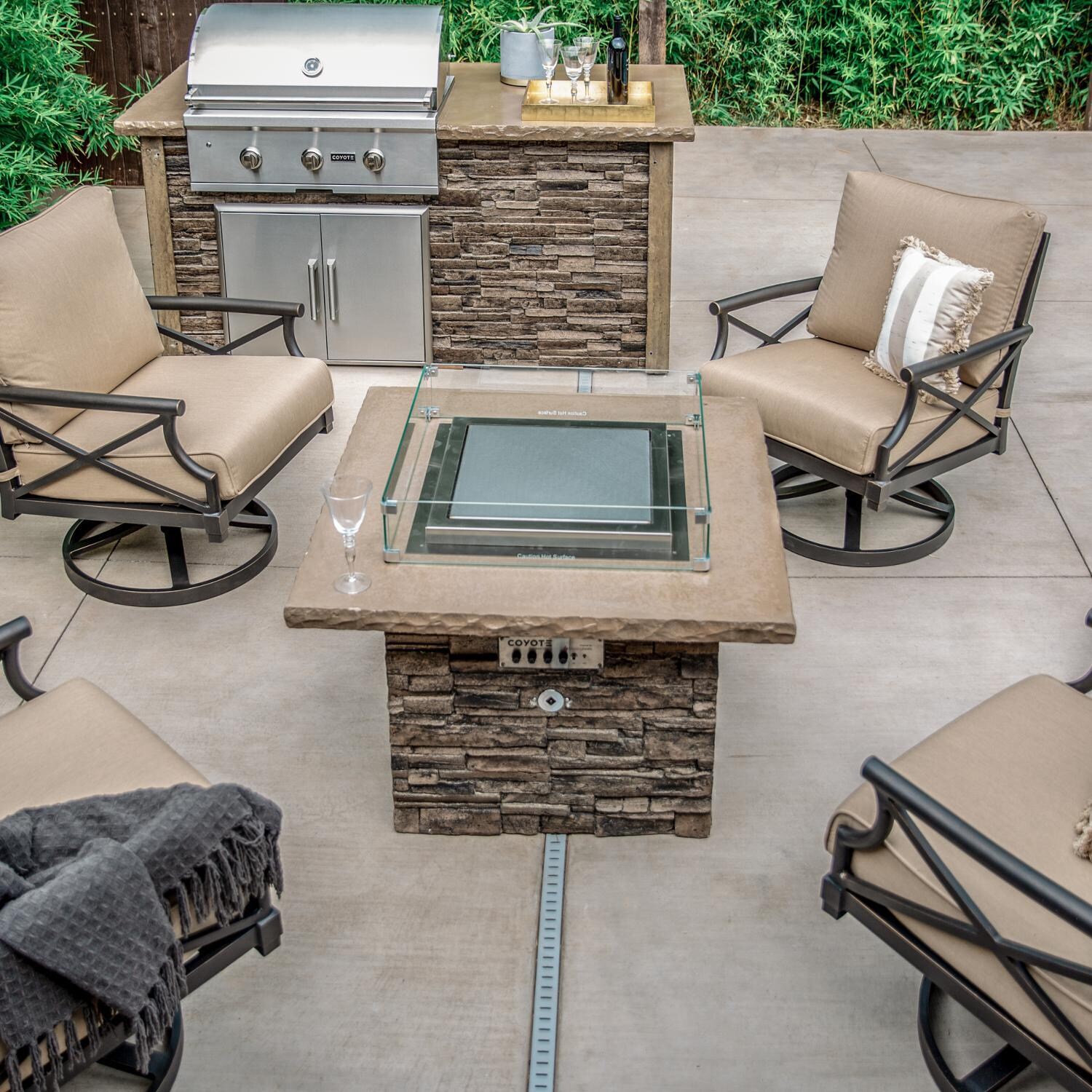 Blazing Beats 5 Piece Aluminum Patio Fire Table Conversation Set W/ Laguna Stacked Stone Fire