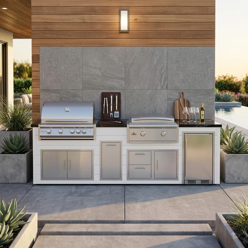 BBQGuys Signature 10 Ft Grill Island w/ 32-in Propane Blaze LTE+ Grill & Griddle, Narrow Trash Bin & Door & Drawer | Crystal White w/ Nero Mist Granite - Front - Lifestyle thumbnail