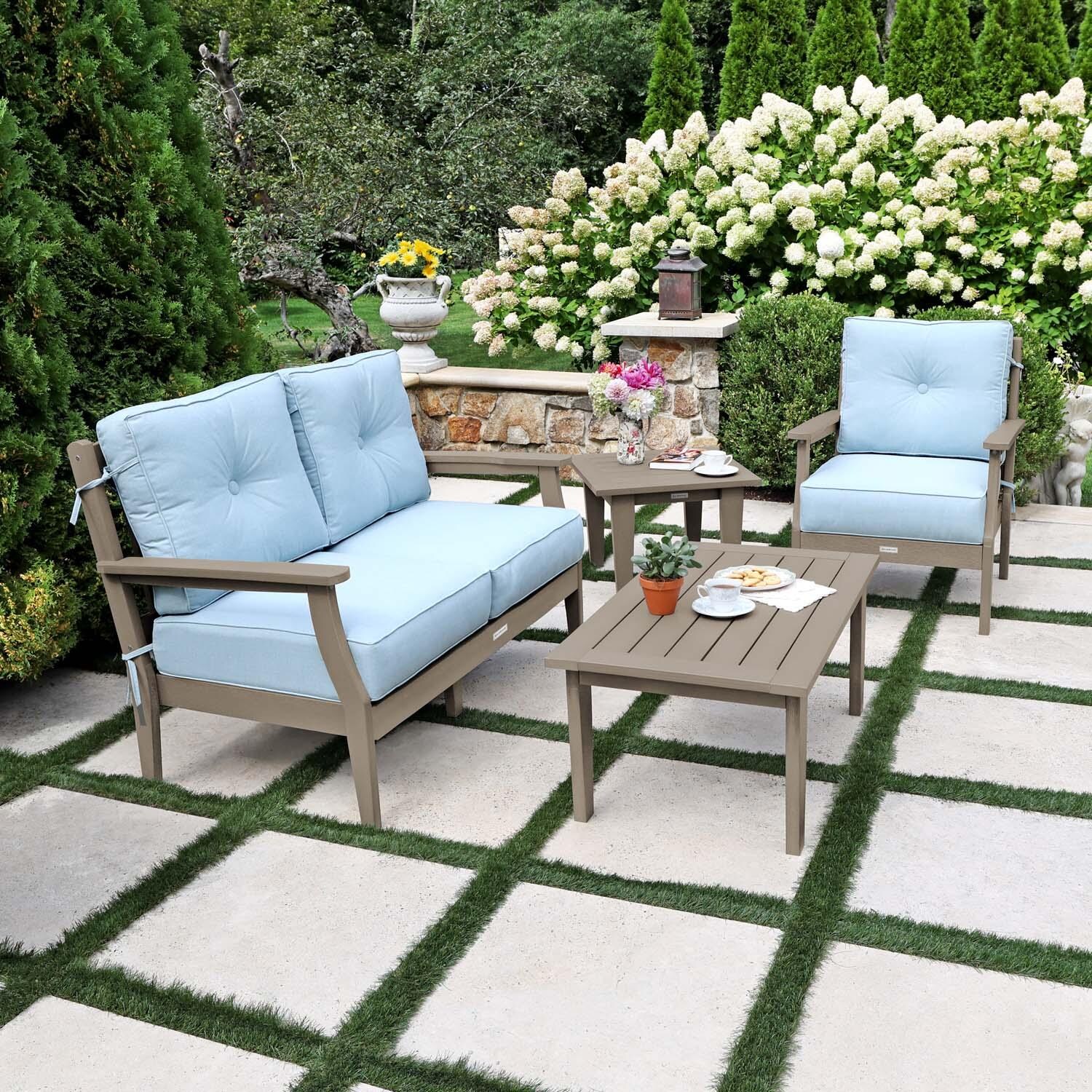 Blushing Bay 4 Pc Recycled Plastic Seating Set in Bliss Dew/Woodland Brown by Lakeview Outdoor Designs - Side View - Lifestyle thumbnail