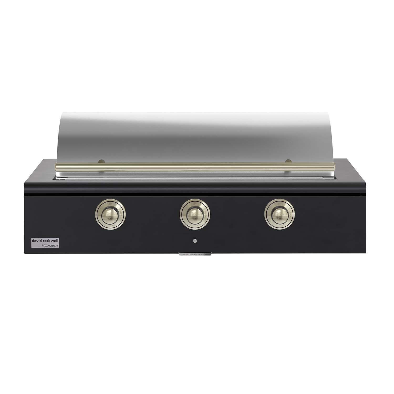 Caliber CRG-48BN00-A-027-H01 48-in Natural Gas Built-In Rockwell Grill - Matte Black w/ Brass Hardware - Closed Lid - White Background thumbnail