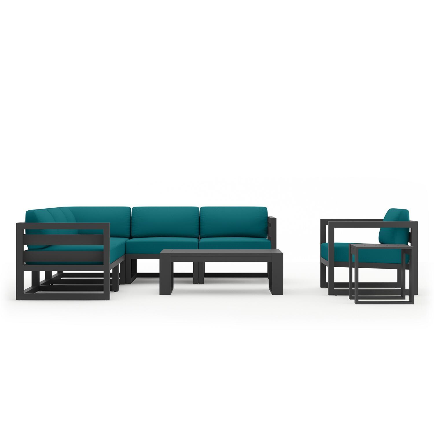 Misty Cove 8 Piece Sectional Set in Slate w/Coffee Table & Spectrum Peacock Cushions by Lakeview - Complete Set - White Background thumbnail
