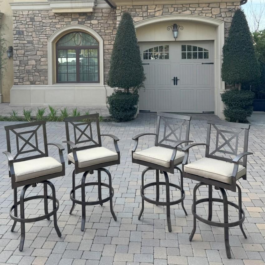 Atlantis Aluminum Swivel Bar Stool Set of 4 w/ Beige Cushions in Walnut By Darlee - Lifestyle thumbnail