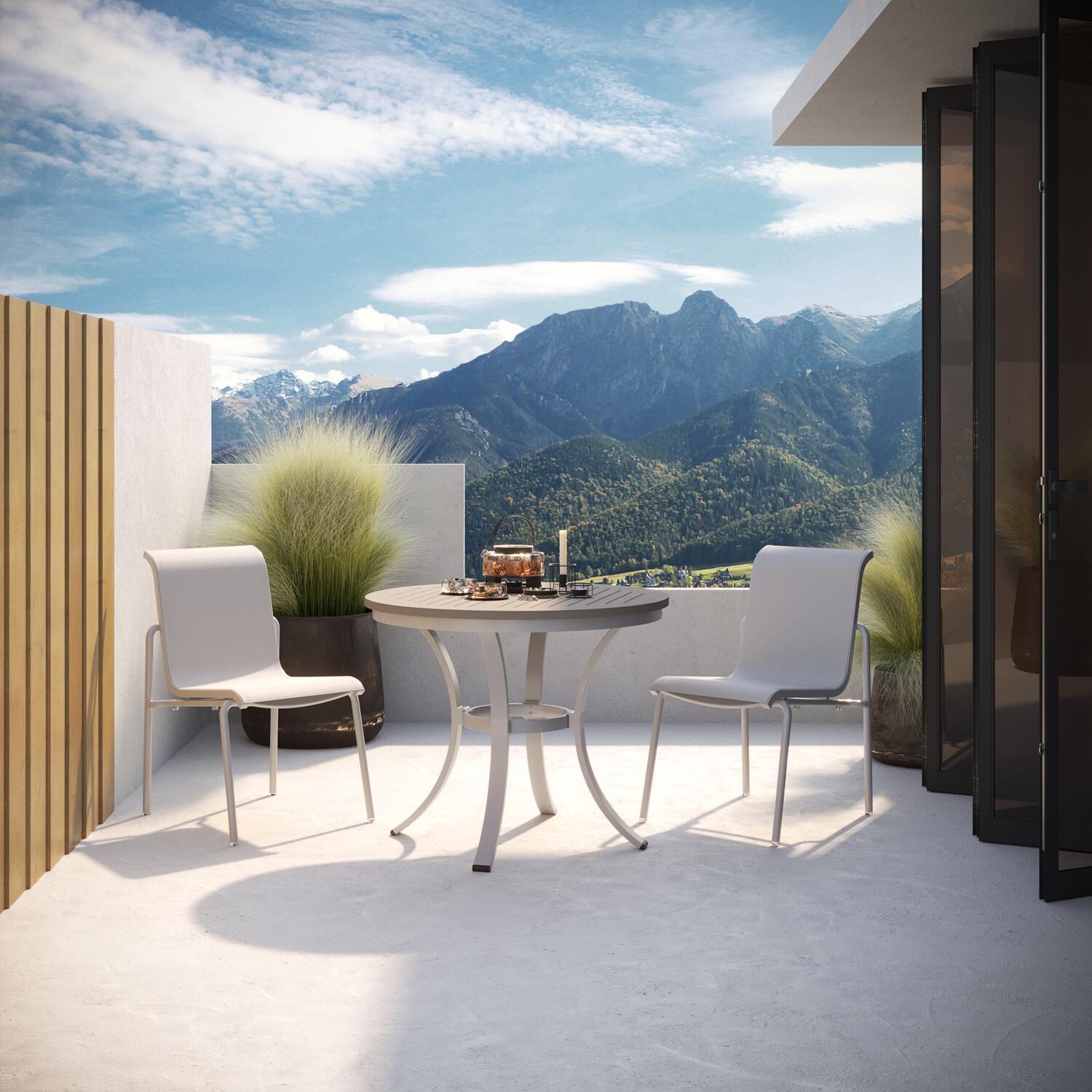 Oxford Garden Orso 3 Pc Soft Sling & Aluminum Side Chair Bistro Set W/ Vintage Tekwood Table Top in Flint/Fog thumbnail