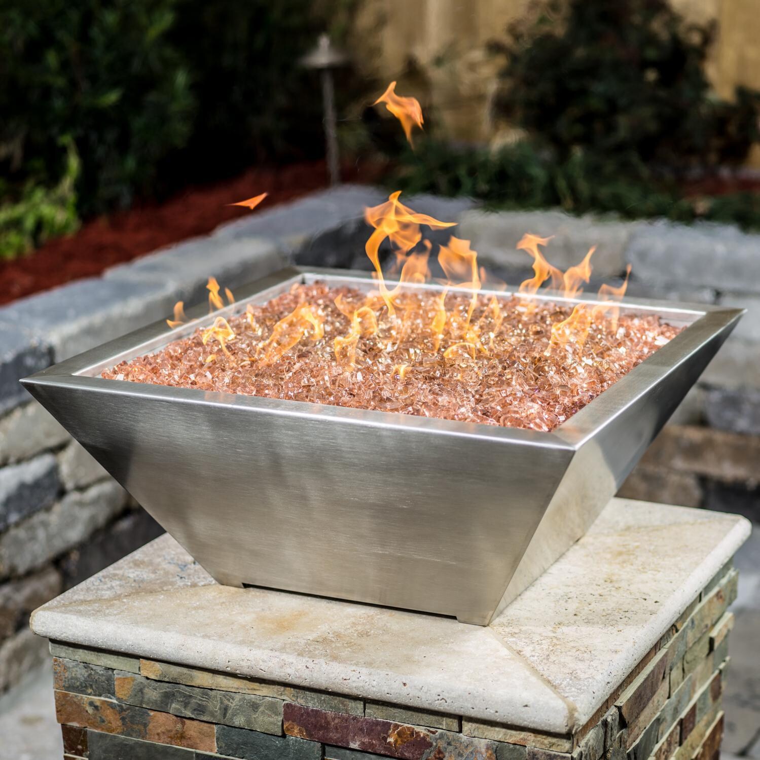 BBQGuys Signature Series Westfalen 24-Inch Square High-Rise Propane Fire Bowl - Stainless Steel - Shown with 1/2 inch Sunset Amber Non-reflective Fire Glass (Sold Separately) thumbnail