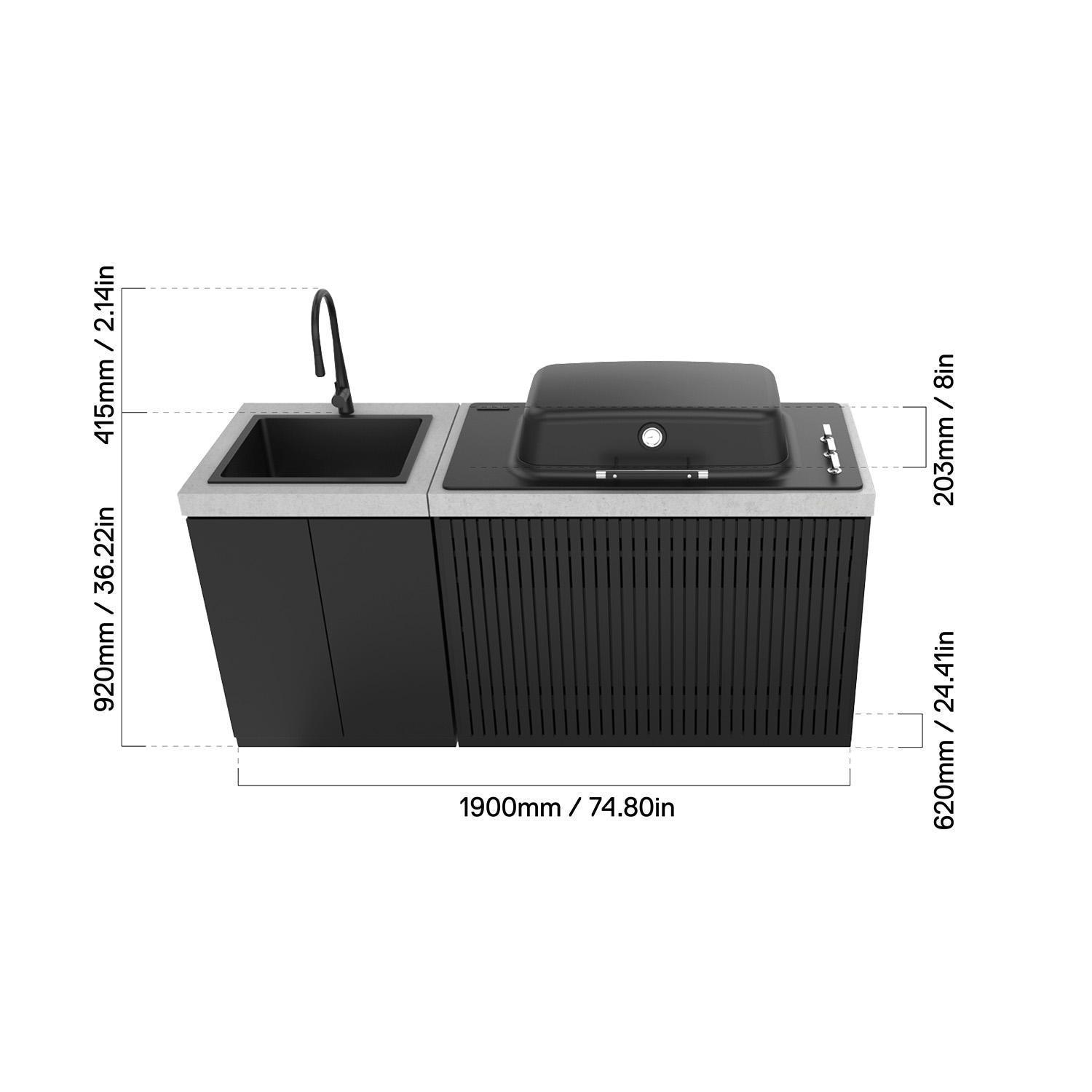 Everdure 6 Ft Outdoor Kitchen Island w/ Marine Grade Aluminum Cabinets in Black - Dimensions thumbnail