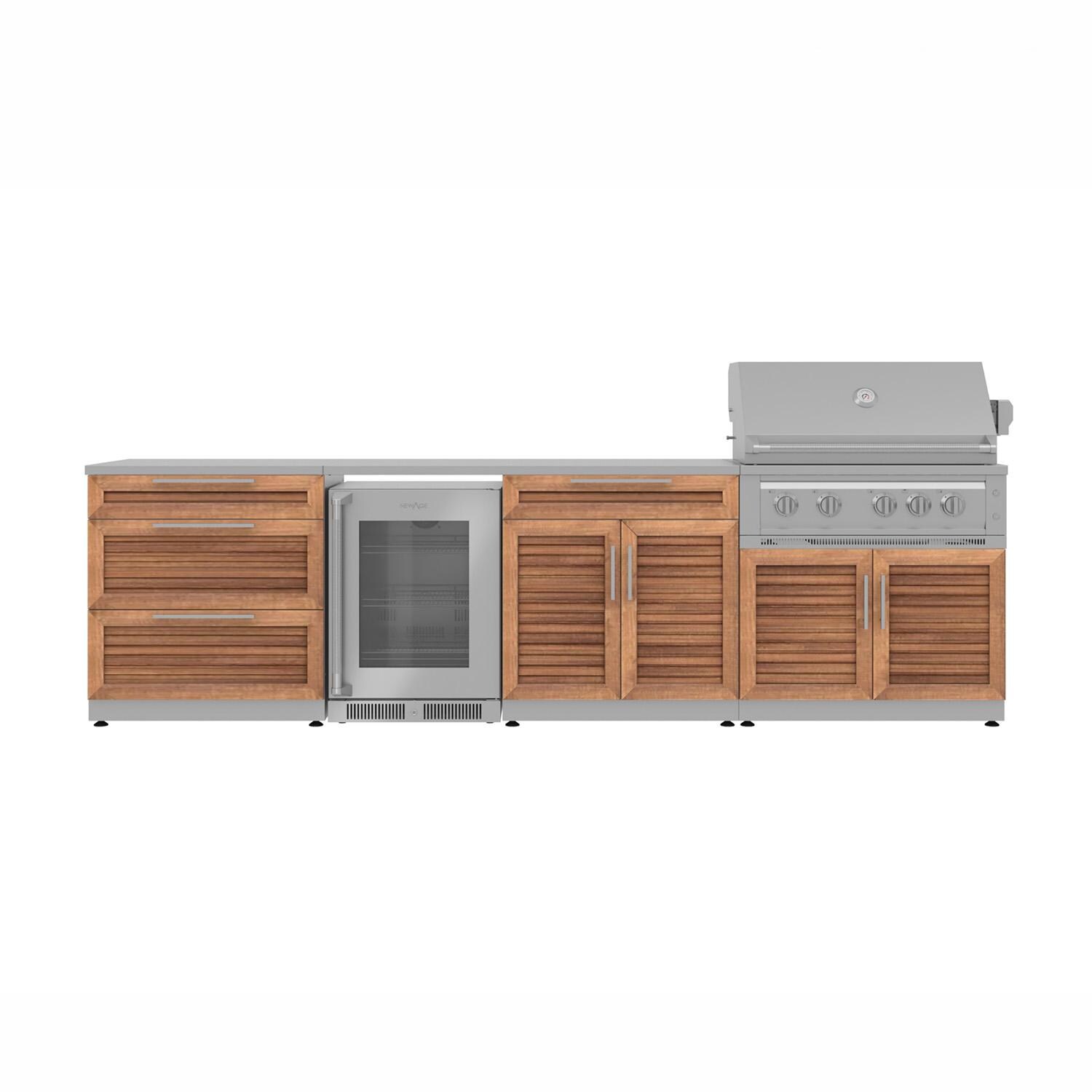 NewAge Products 67914 Classic Series 10 1/2 Ft Outdoor Kitchen Island w/ 36-in Propane Grill, Glass Door Refrigerator, Trash Bin, Door & Drawer in Grove/Stainless Steel - Island - White Background thumbnail
