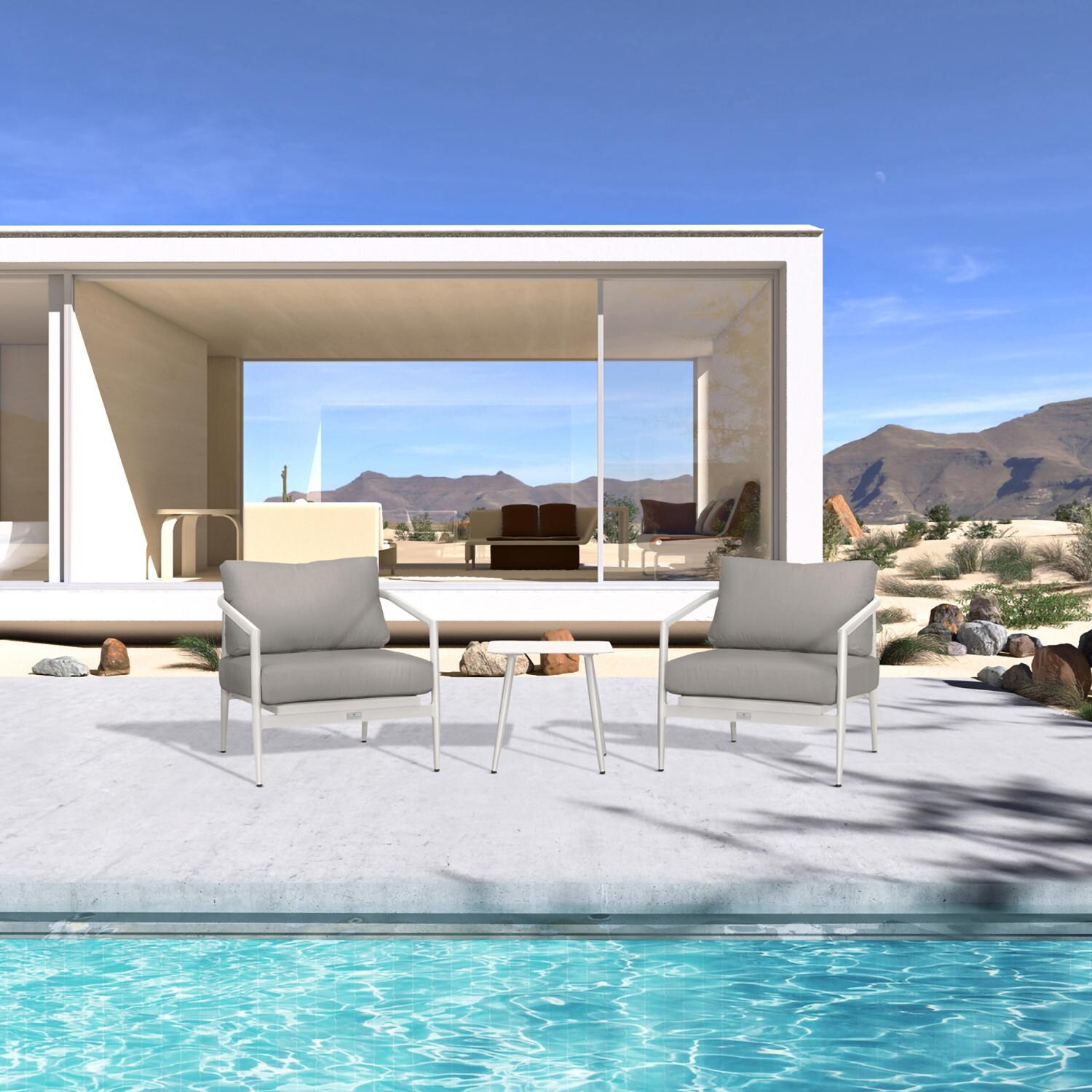 Lakeview Midnight Cove 3 Pc Aluminum Club Chair Seating Set in Urban Stone/Carrera/Canvas Charcoal - Lifestyle thumbnail