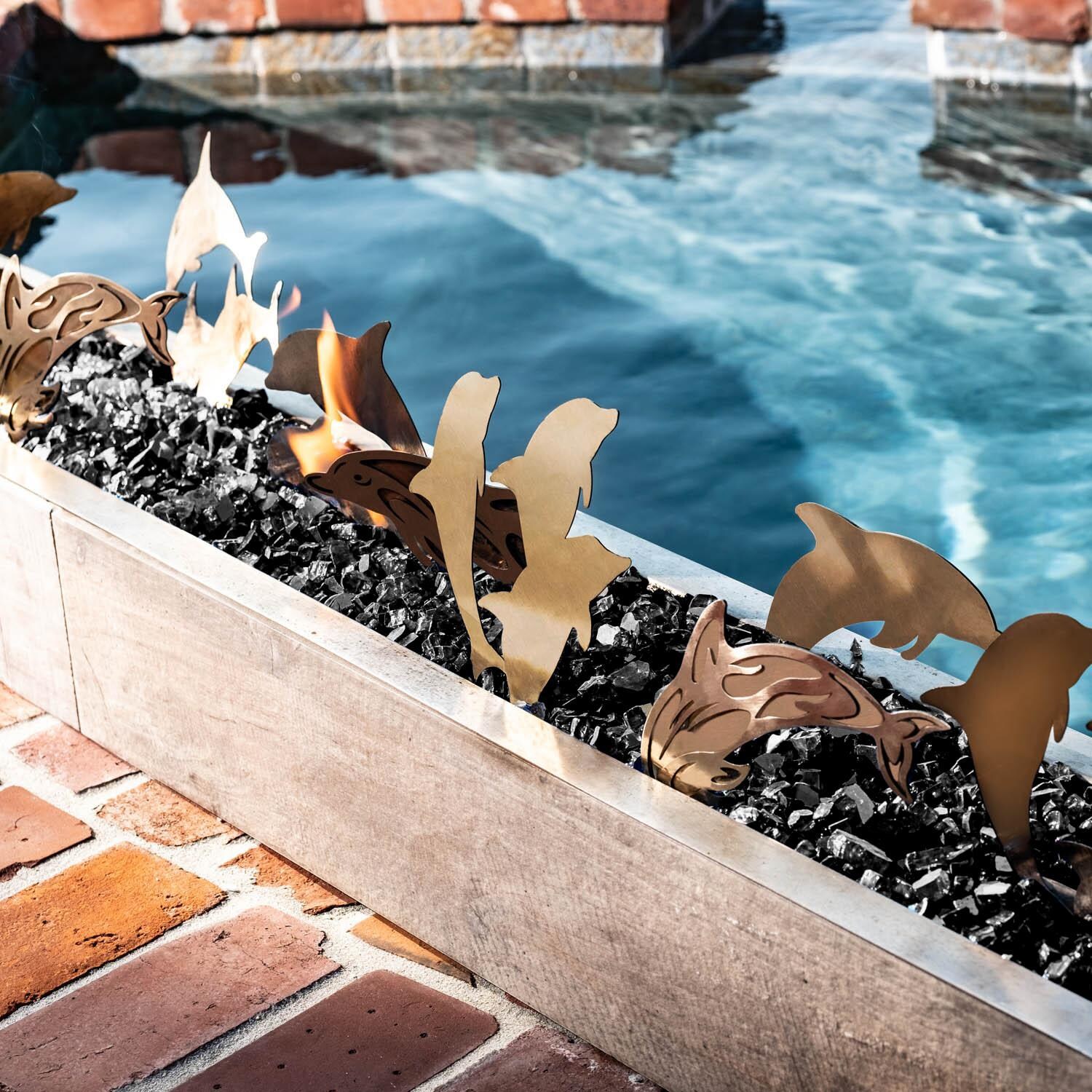 BBQGuys Signature Series 72-Inch Linear Drop-In Fire Pit Pan - Dolphin Seascape w/ Onyx Black Fire Glass