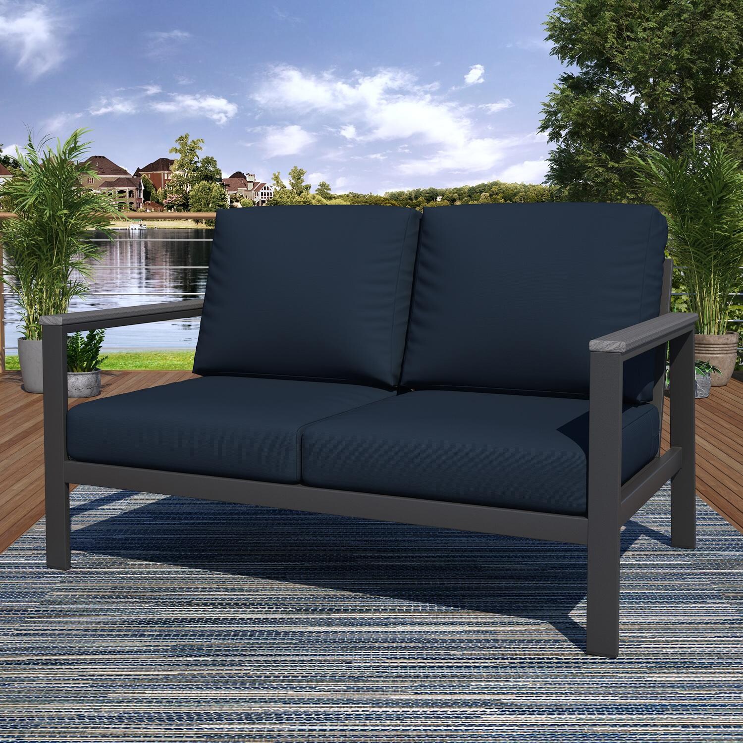 Lakeview NC6400TANGARM-6PC-CN Oasis Bay 6 Pc Aluminum Seating Set in Gray/Canvas Navy - Loveseat - Lifestyle thumbnail