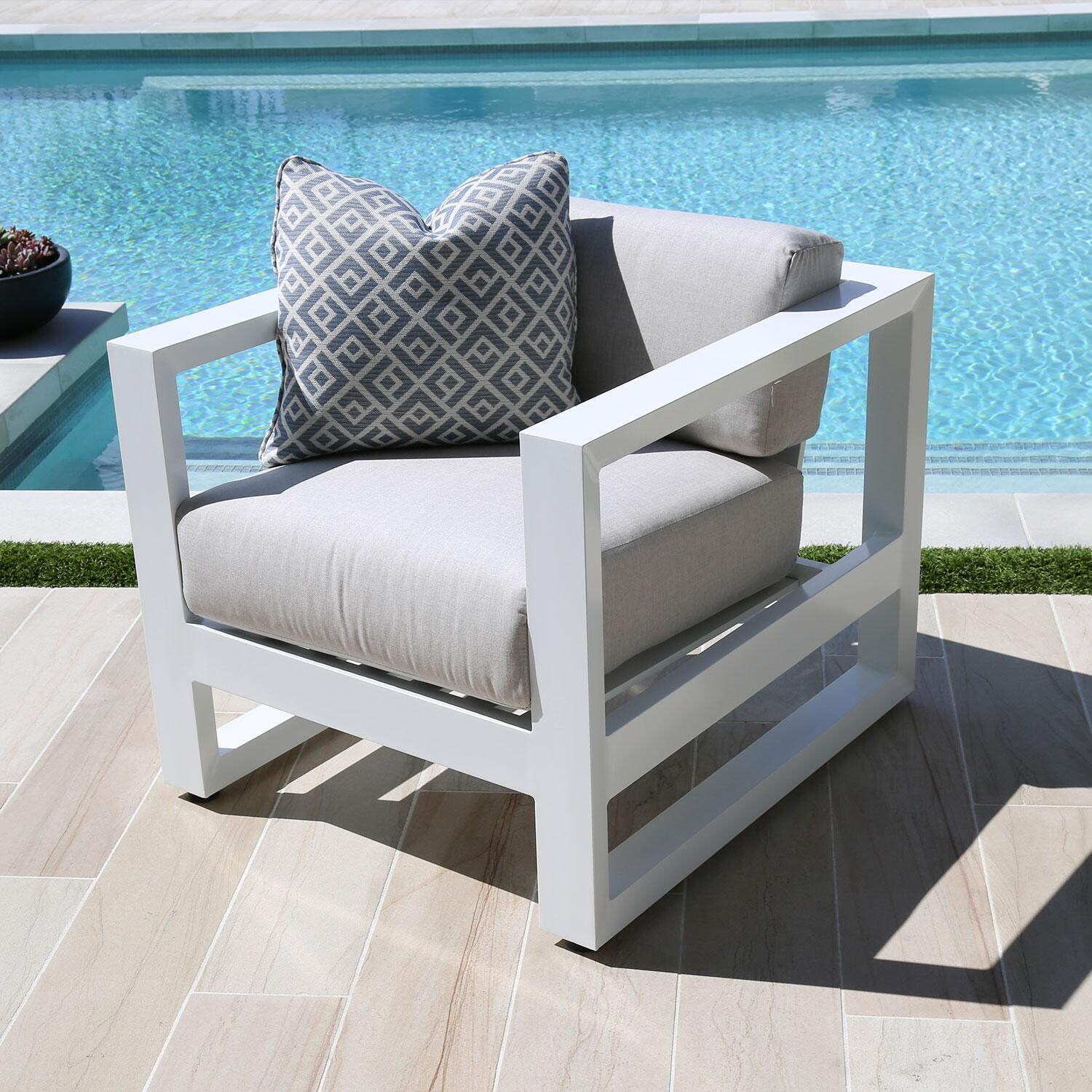 Newport Aluminum Patio Club Chair in Canvas Natural w/ No Welt by Sunset West - By The Pool - Shown in Cast Silver Cushion Color finish - Lifestyle thumbnail