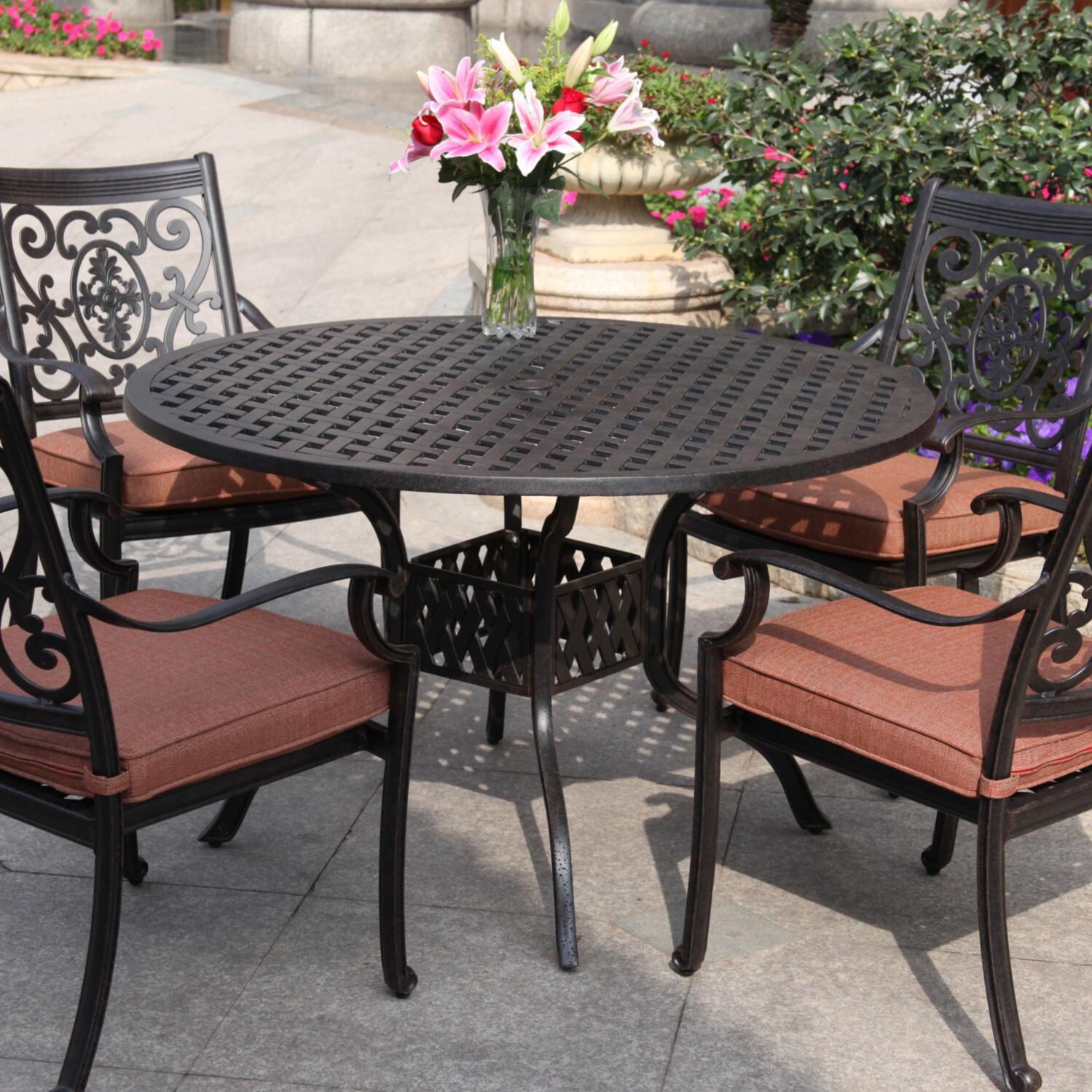St. Cruz 5 Pc Cast Aluminum Dining Set w/ 48 Inch Round Series 30 Table in Antique Bronze/Spicy Chili by Darlee