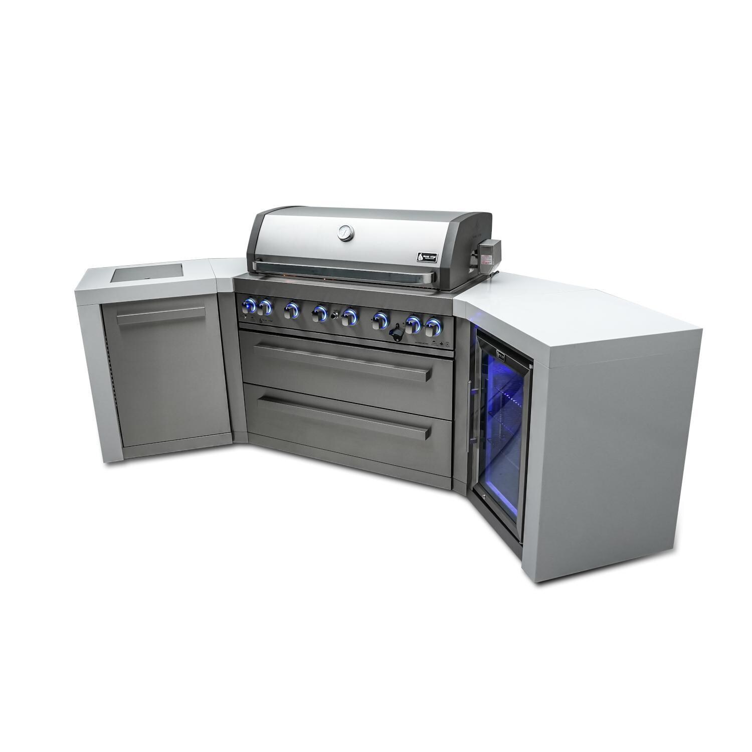 Mont Alpi MAi805-D45FC Deluxe 45 Degree Natural Gas Island Grill W/ Refrigerator Cabinet - Angled Left - Grill Open - White Background thumbnail