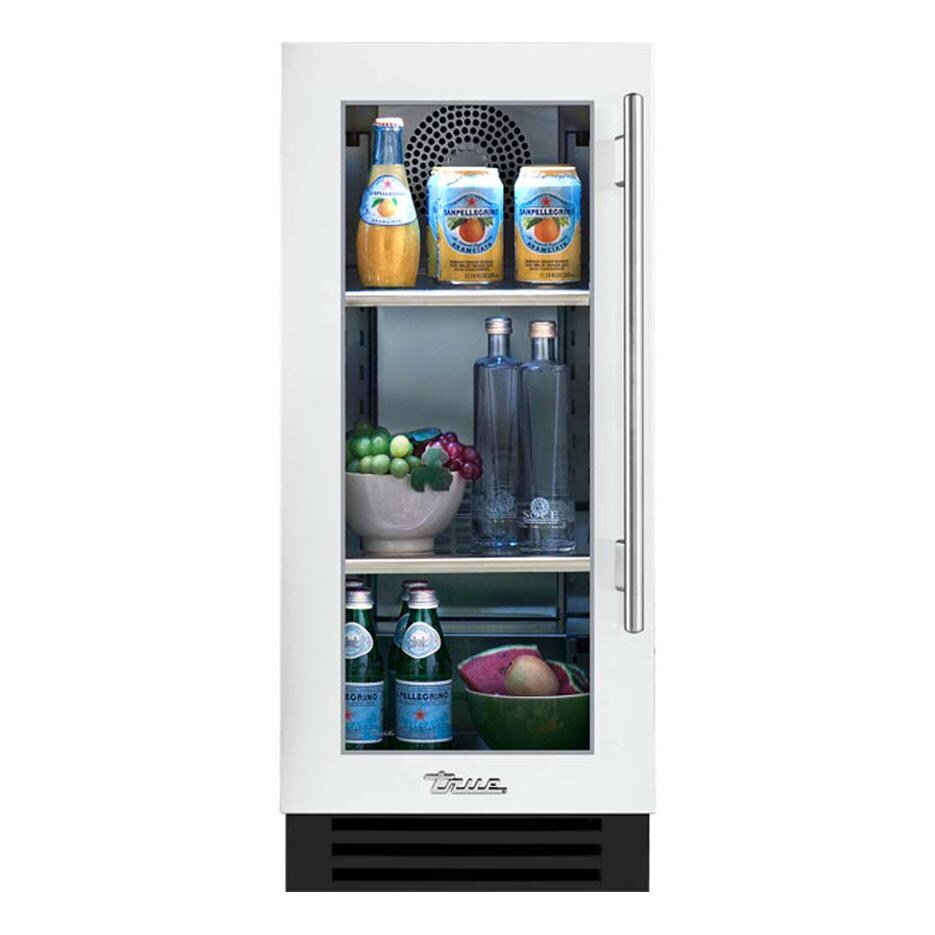 True TUR-15-L-OG-C~DSK-030-H04 15 Inch 3.14 Cu. Ft. Left Hinge Glass Door Outdoor Refigerator - Matte White w/ Stainless Steel Handles - White Background thumbnail