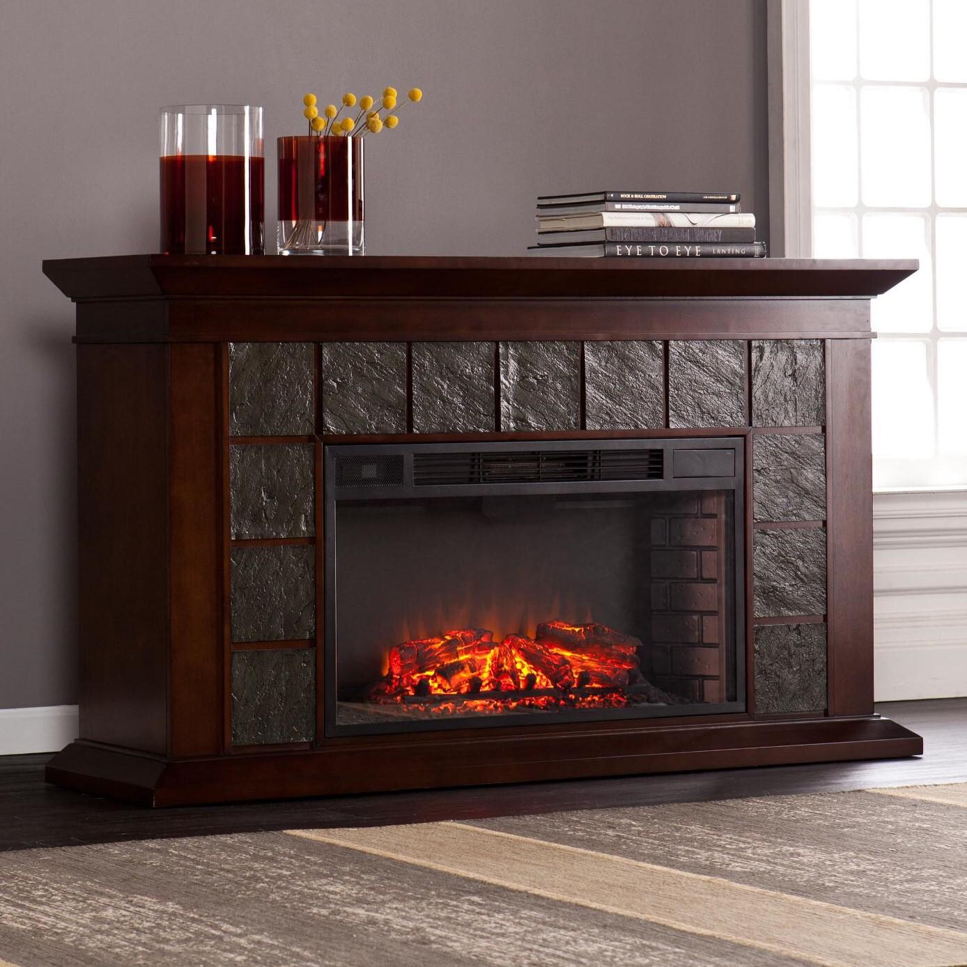Southern Enterprises Newberg 60-Inch Electric Fireplace Mantel - Warm Brown Walnut W/ Gray Tile - FE9022 - In the Home thumbnail