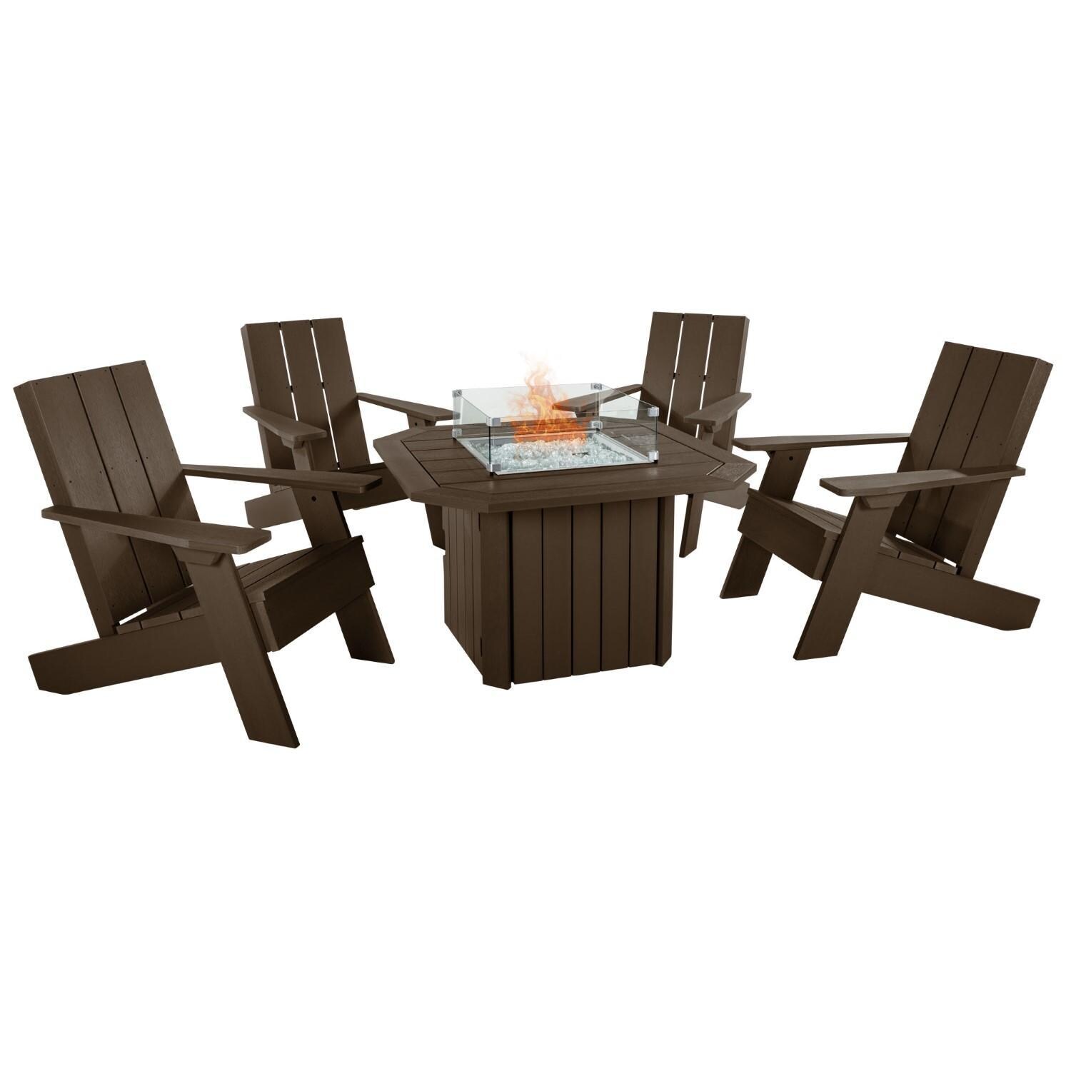Harborview 5 Pc Adirondack Set W/ Fire Pit Table in Weathered Acorn by Lakeview Outdoor Designs - White Background thumbnail