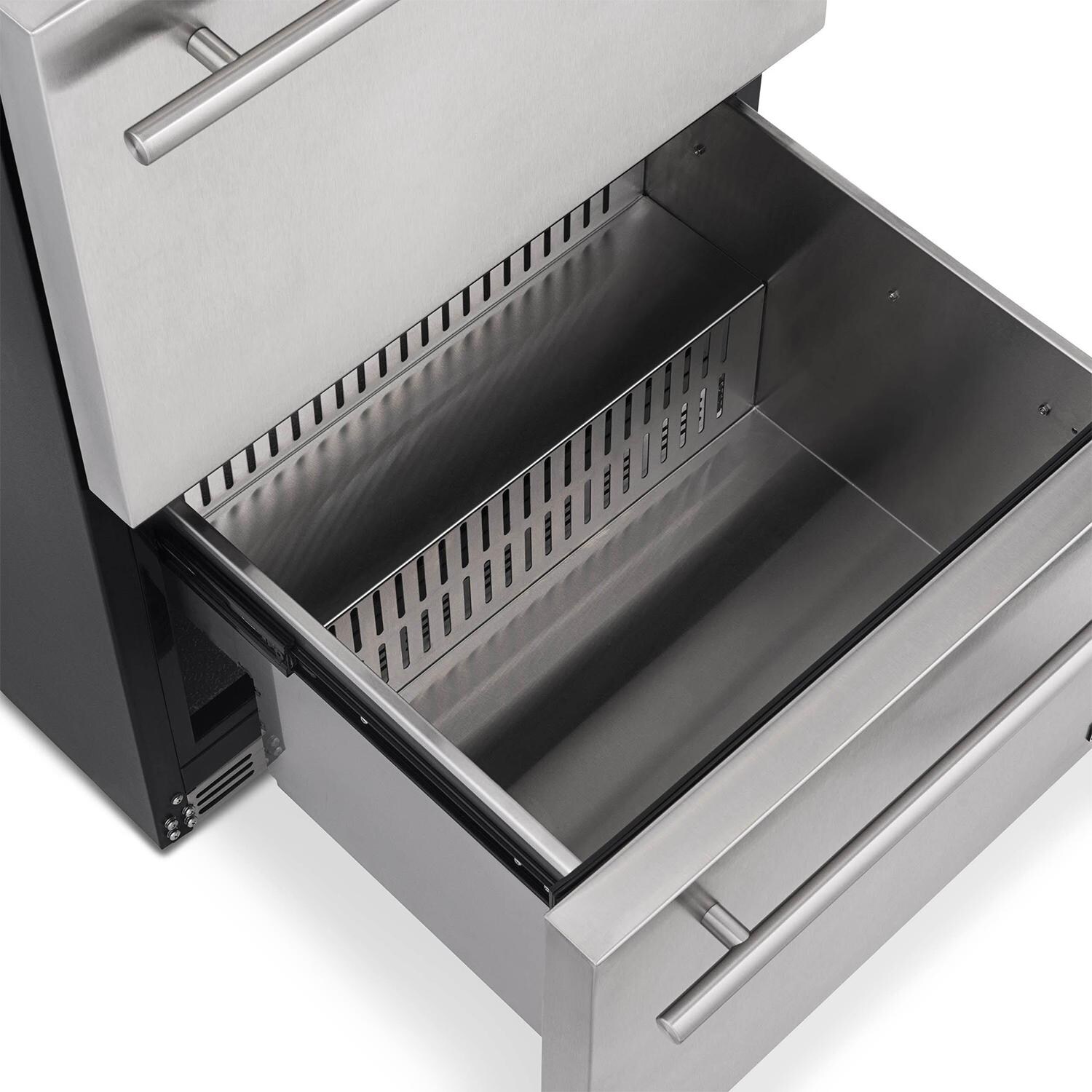 Newair NOF100SS00 24-Inch Built-in 20 Bottle & 80 Can Dual Drawer Wine & Beverage Fridge - Bottom Drawer Open thumbnail