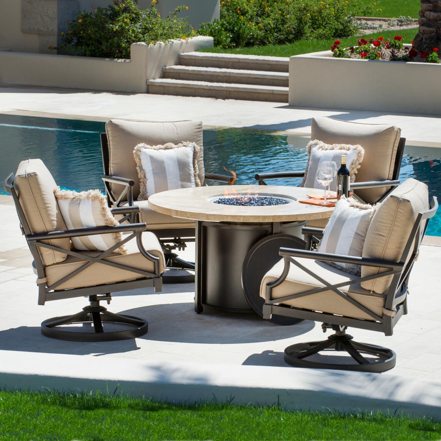 Laguna 5 Piece Aluminum Patio Fire Pit Conversation Set W Swivel