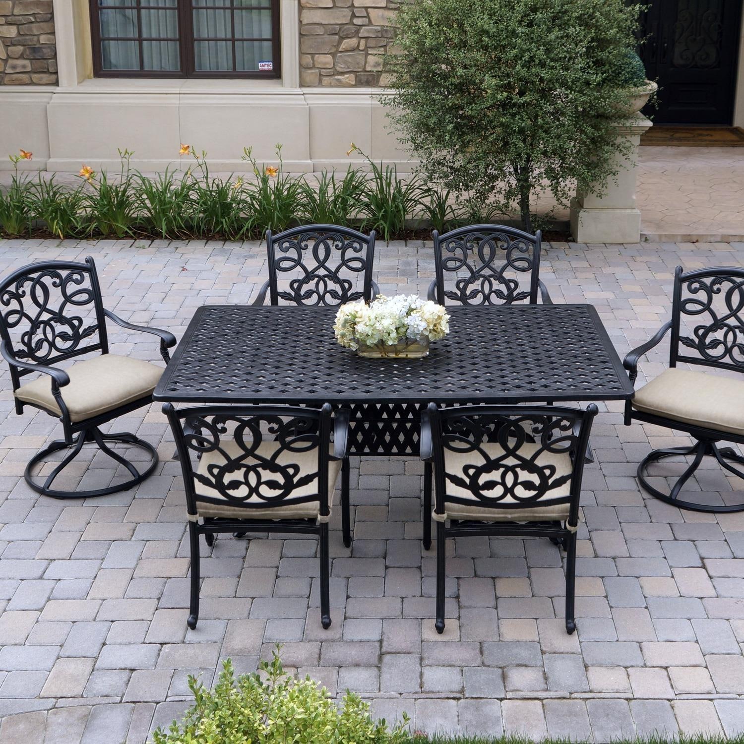 Darlee Santa Monica 7 Pc Cast Aluminum Dining Set w/ 72 X 42 Inch Series 30 Table & 2 Swivel Rockers in Antique Bronze/Beige Canvas by