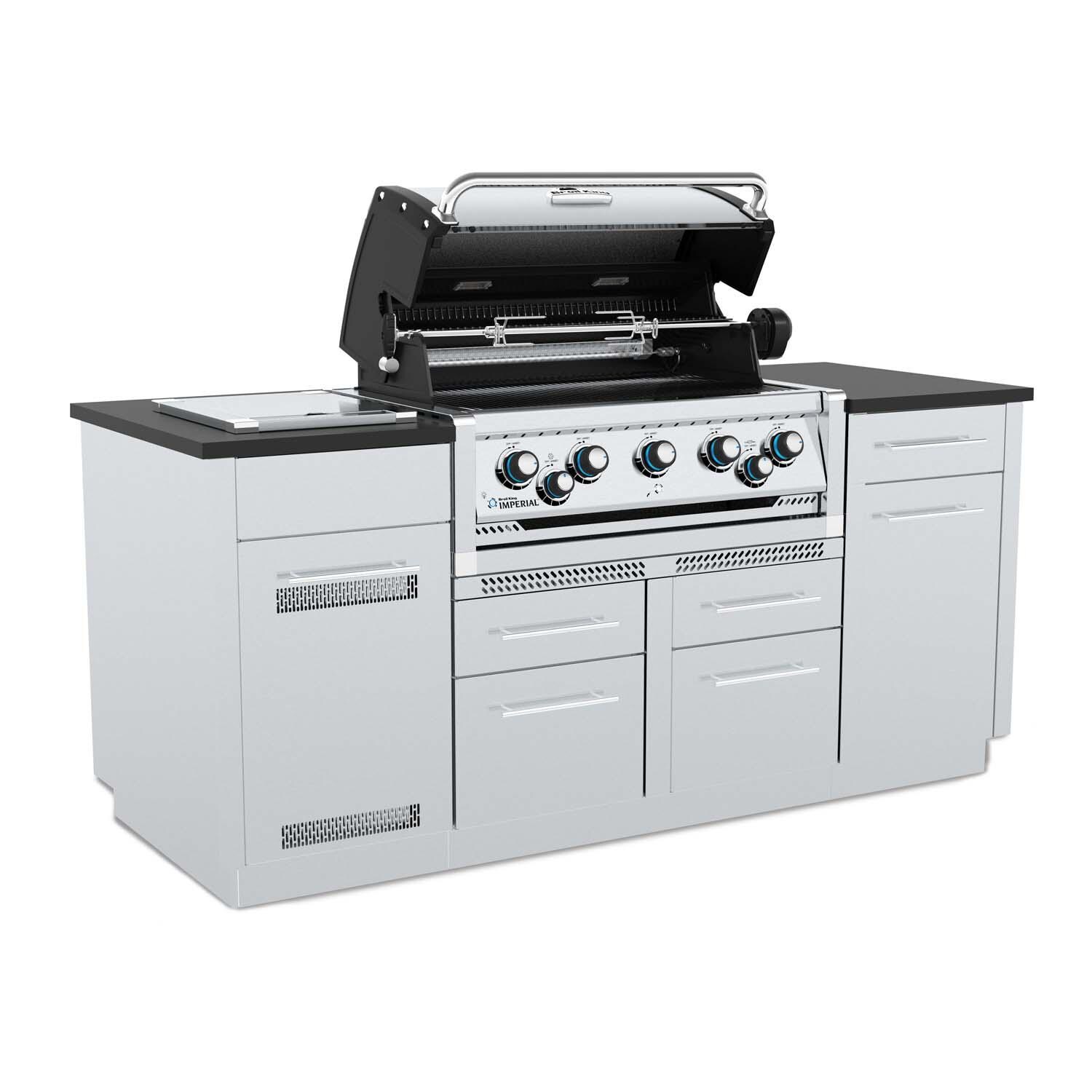 Broil King 896847 Imperial S 590i 5-Burner Natural Gas Grill Center With Rotisserie, & Side Burner - Stainless Steel - Angled Right Lid Open - White Background thumbnail