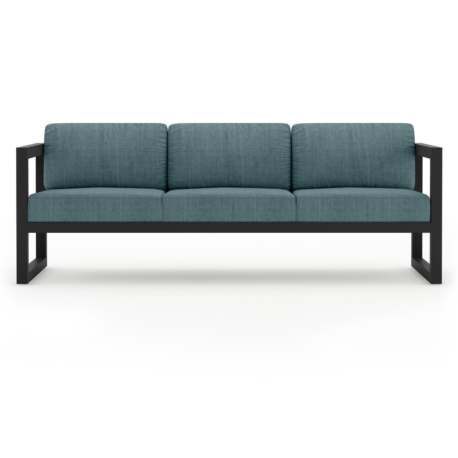 Lakeview MSTYCV-BK-3SS-CL Misty Cove 3 Pc Aluminum Seating Set in Black w/Portal Coffee Table & Cast Lagoon Cushions by Lakeview Outdoor Designs - Sofa - White Background thumbnail