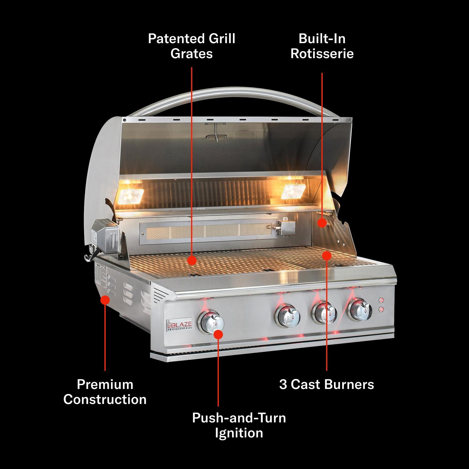 Blaze BLZ-3PRO-LP Professional LUX 34-in 3-Burner Built-In Propane Grill w/ Rotisserie - Features - Detail thumbnail