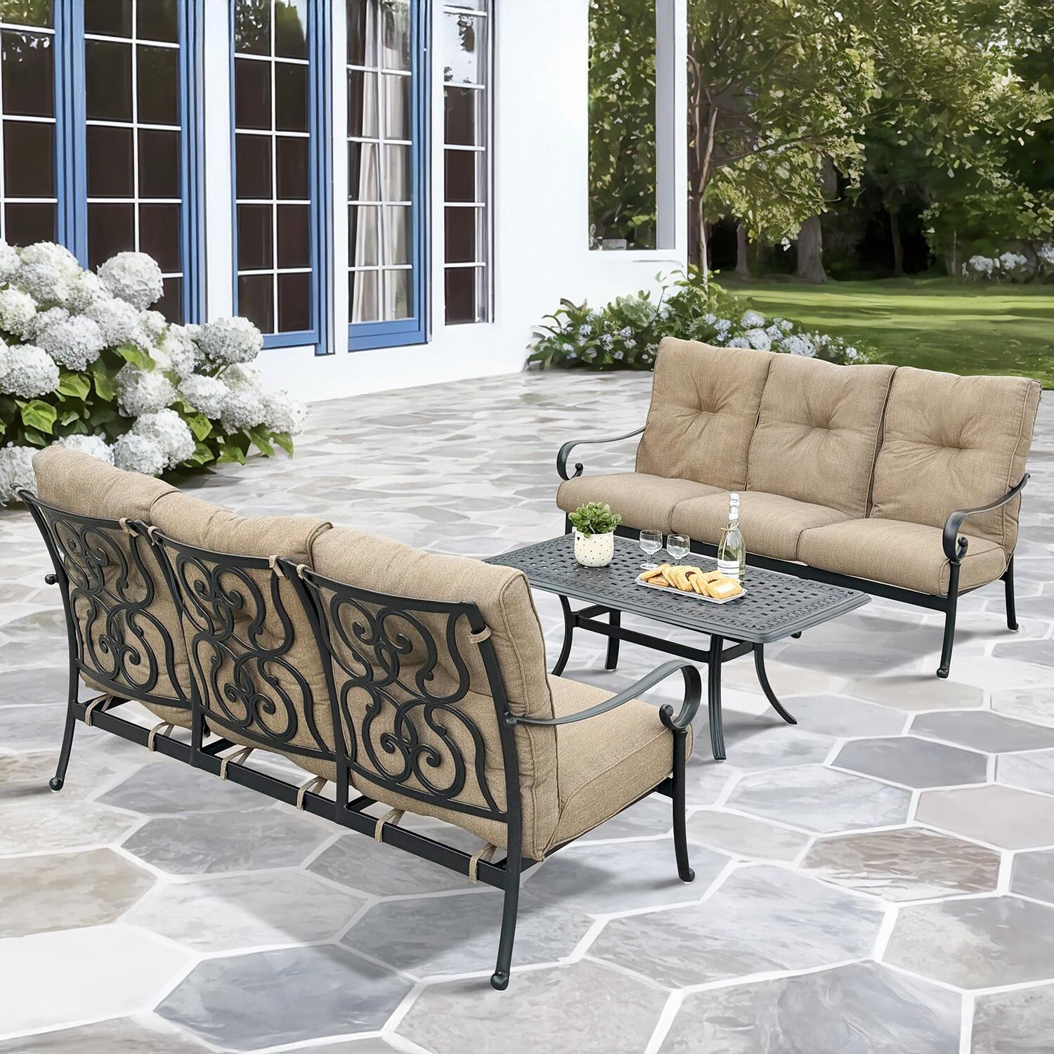 Santa Anita 3 Pc Cast Aluminum Seating Set w/ 48 X 26 Inch Series 88 Table in Antique Bronze/Linen Sesame by Darlee