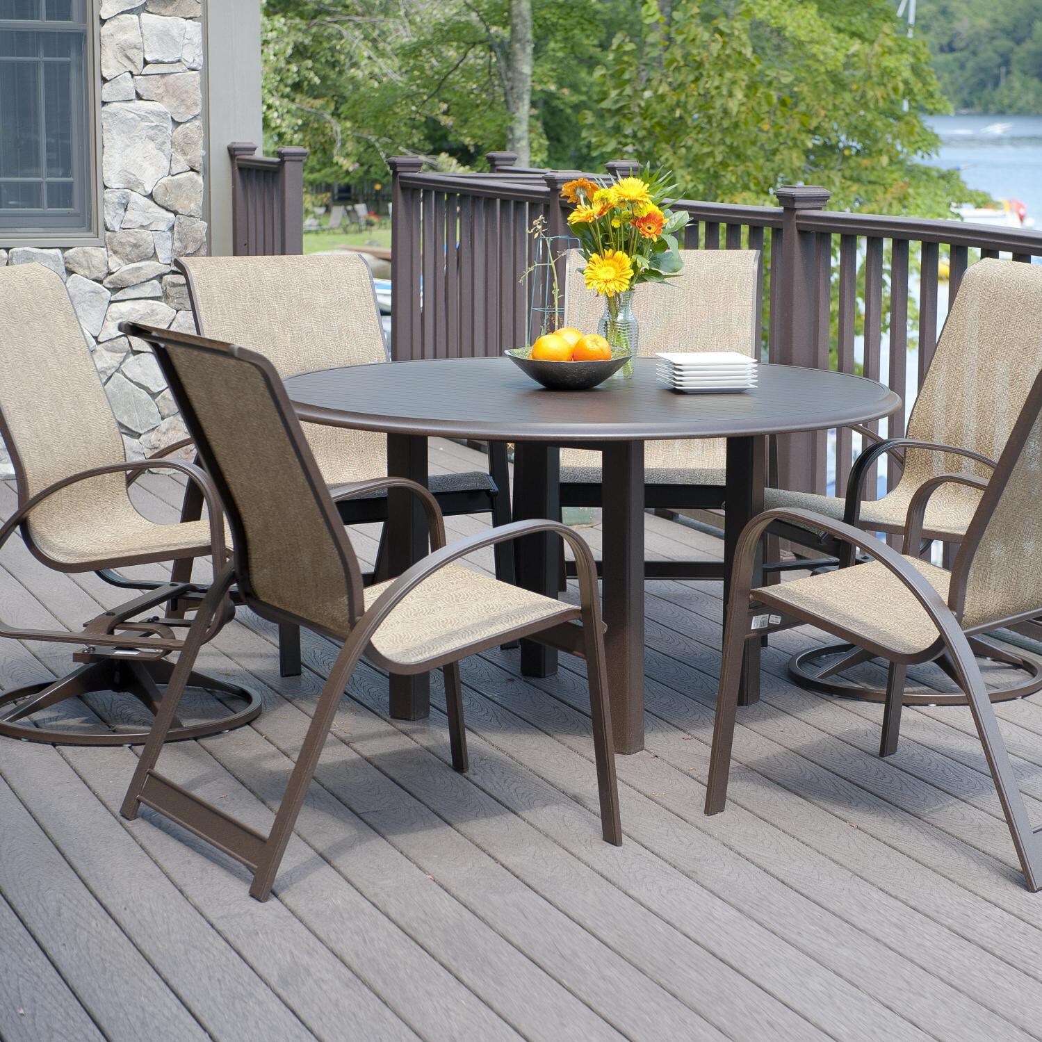 Primera 7 Piece Aluminum Patio Dining Set With 56 Inch Round Table Primera 7 Piece Aluminum Patio Dining Set With 56 Inch Round Table Stacking Chairs