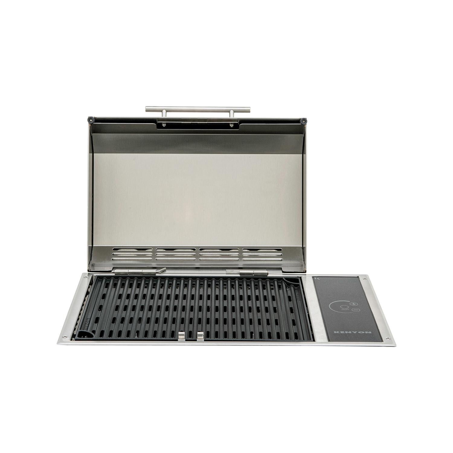 Kenyon B70050 120V All Seasons Frontier Built-In 1300 Watt Electric Grill - Front View Hood Open thumbnail
